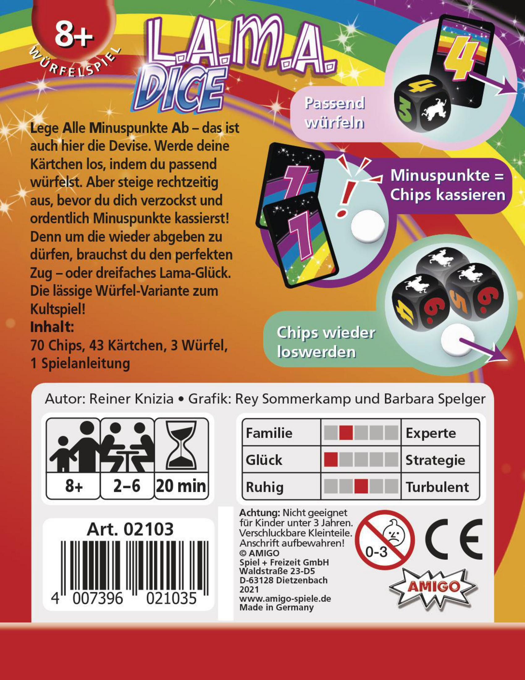 Tył pudełka gry planszowej. Tekst w języku niemieckim, pokazujący instrukcje gry, kości i karty. Jasne oświetlenie.