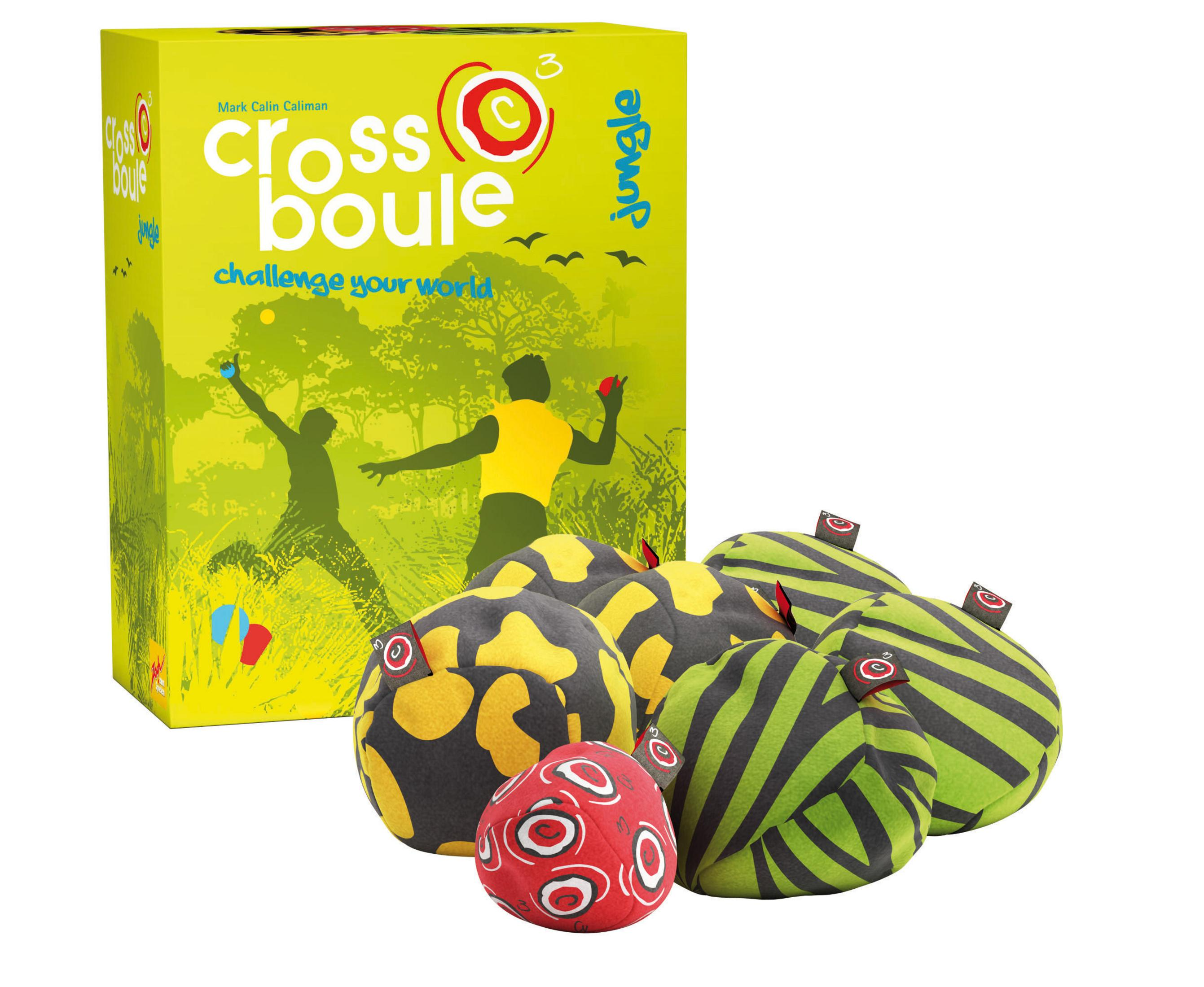Crossboule Spielbox mit Bällen. Grüne und gelbe Box. Bälle mit Rot und Grün.