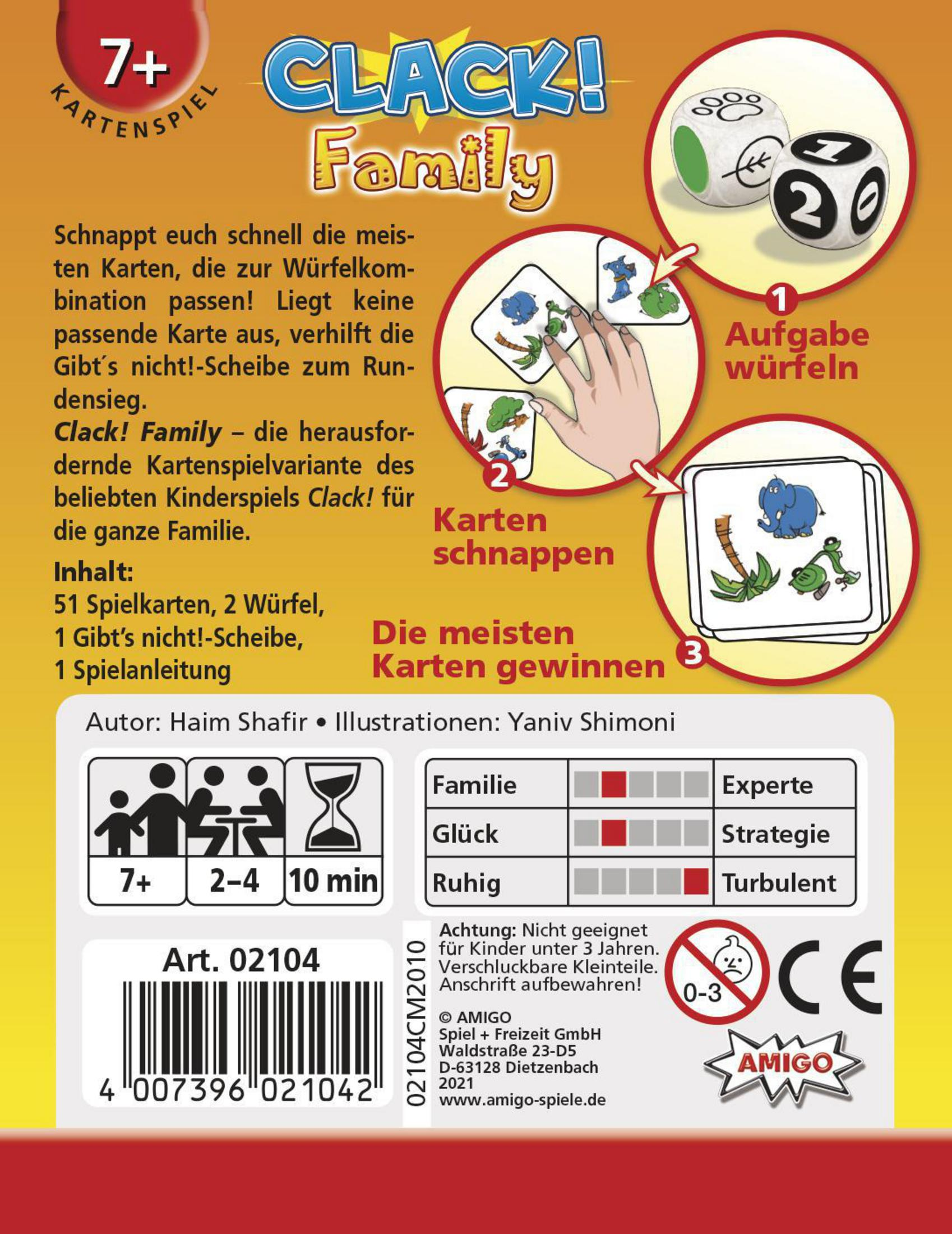 Rückseite einer Clack! Family Spielbox. Zeigt Spielsteine, Würfel und Kartenbilder.