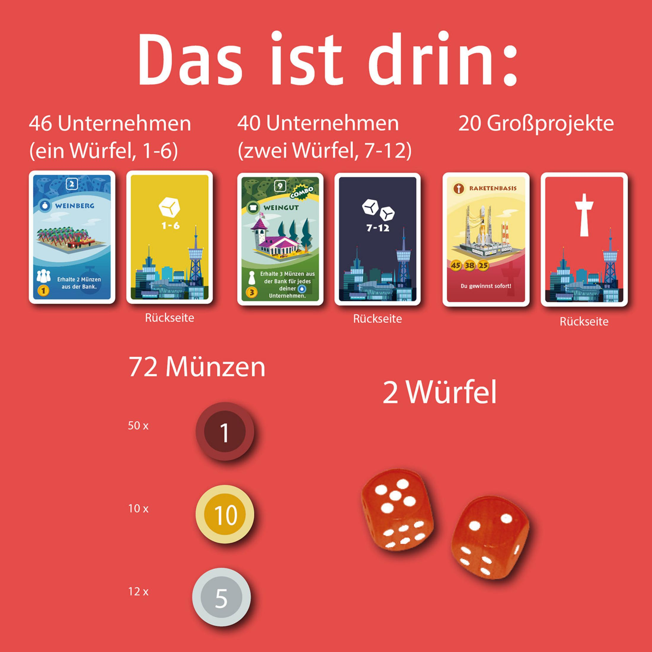 Spielkarten mit deutschem Text, die Unternehmen, Projekte und Würfel zeigen.