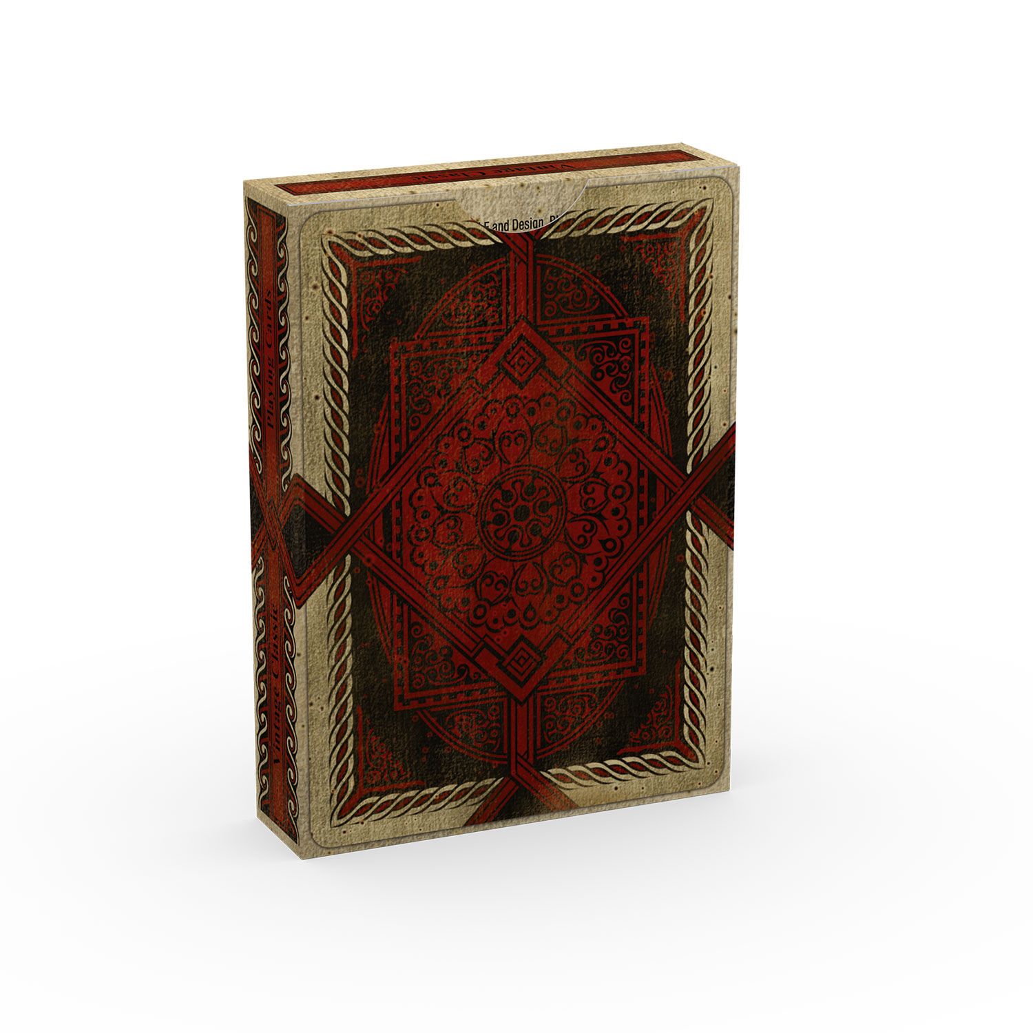 Ein stehender Buchumschlag mit rotem und schwarzem Design, mit einem verzierten Muster und einem beigen Rand.