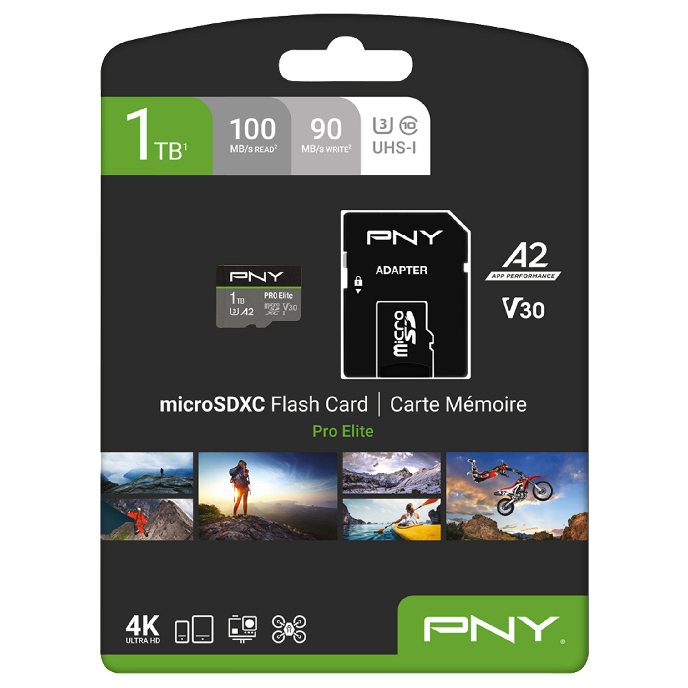 MicroSDXC-Flash-Kartenverpackung. 1 TB, 100 MB/s lesen, 90 MB/s schreiben. PNY.