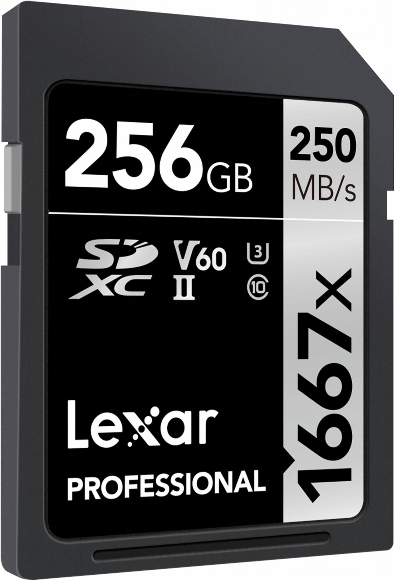 Schwarze Lexar Professional SD-Karte mit 256 GB Speicher und 250 MB/s Geschwindigkeit. Die Zahlen sind weiß.