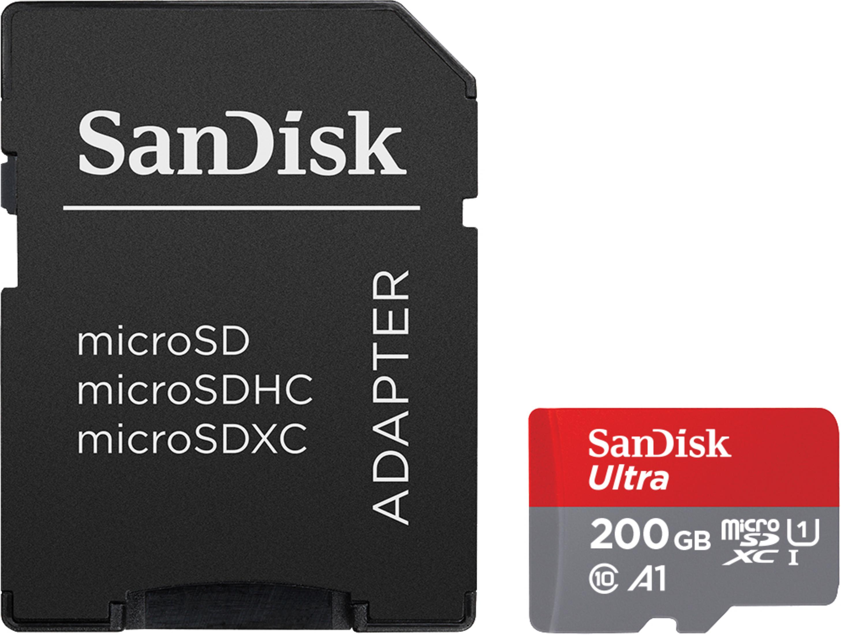 Sandisk microSD-Karte und Adapter. Text: microSD, microSDHC, microSDXC.