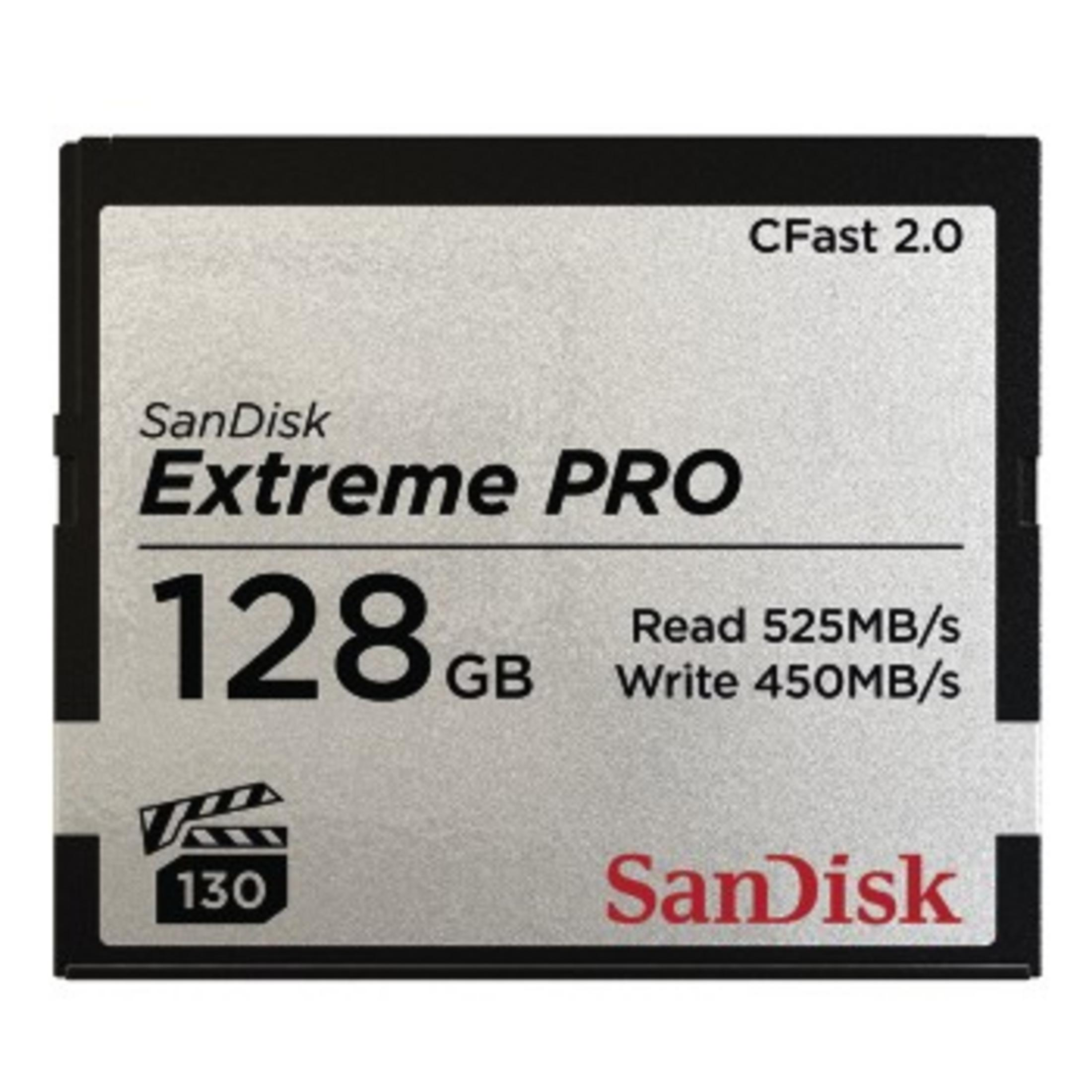 Scheda Sandisk Extreme Pro CFast 2.0. Scheda nera con testo che indica capacità e velocità.