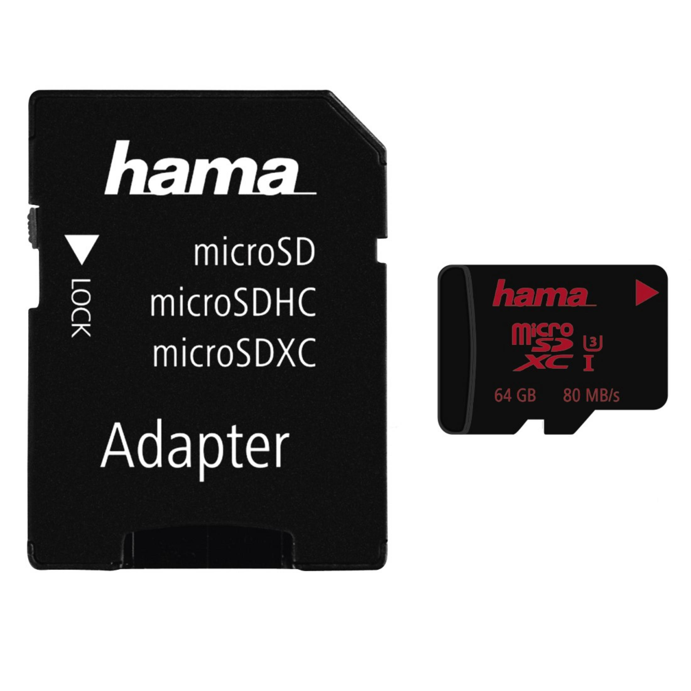 Schwarzer Hama microSD-Adapter und -Karte. Der Adapter ist links, die Karte rechts. Beide haben weißen Text.