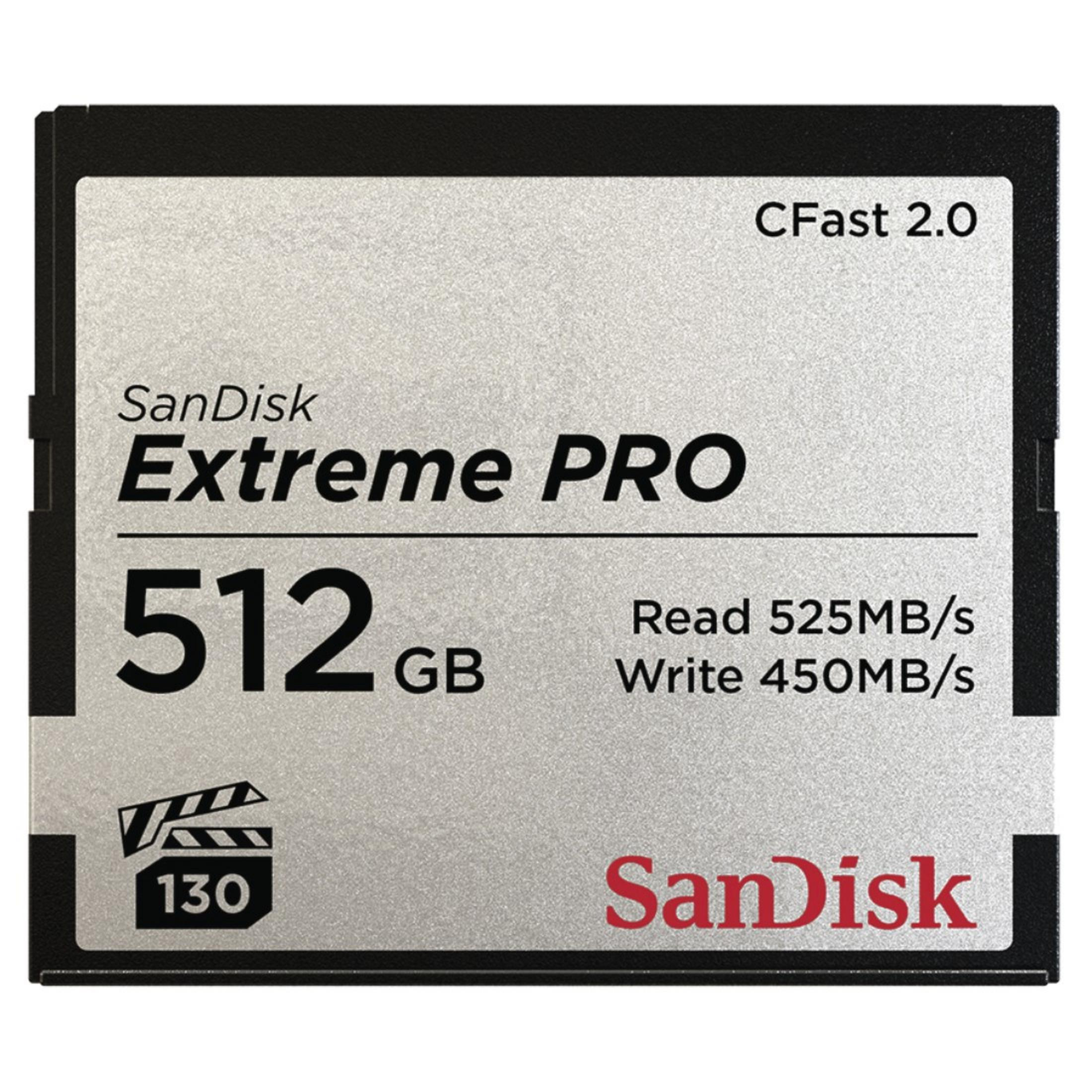 Sandisk Extreme PRO 512 GB Karte. Text: Lesen 525MB/s, Schreiben 450MB/s. Logo.