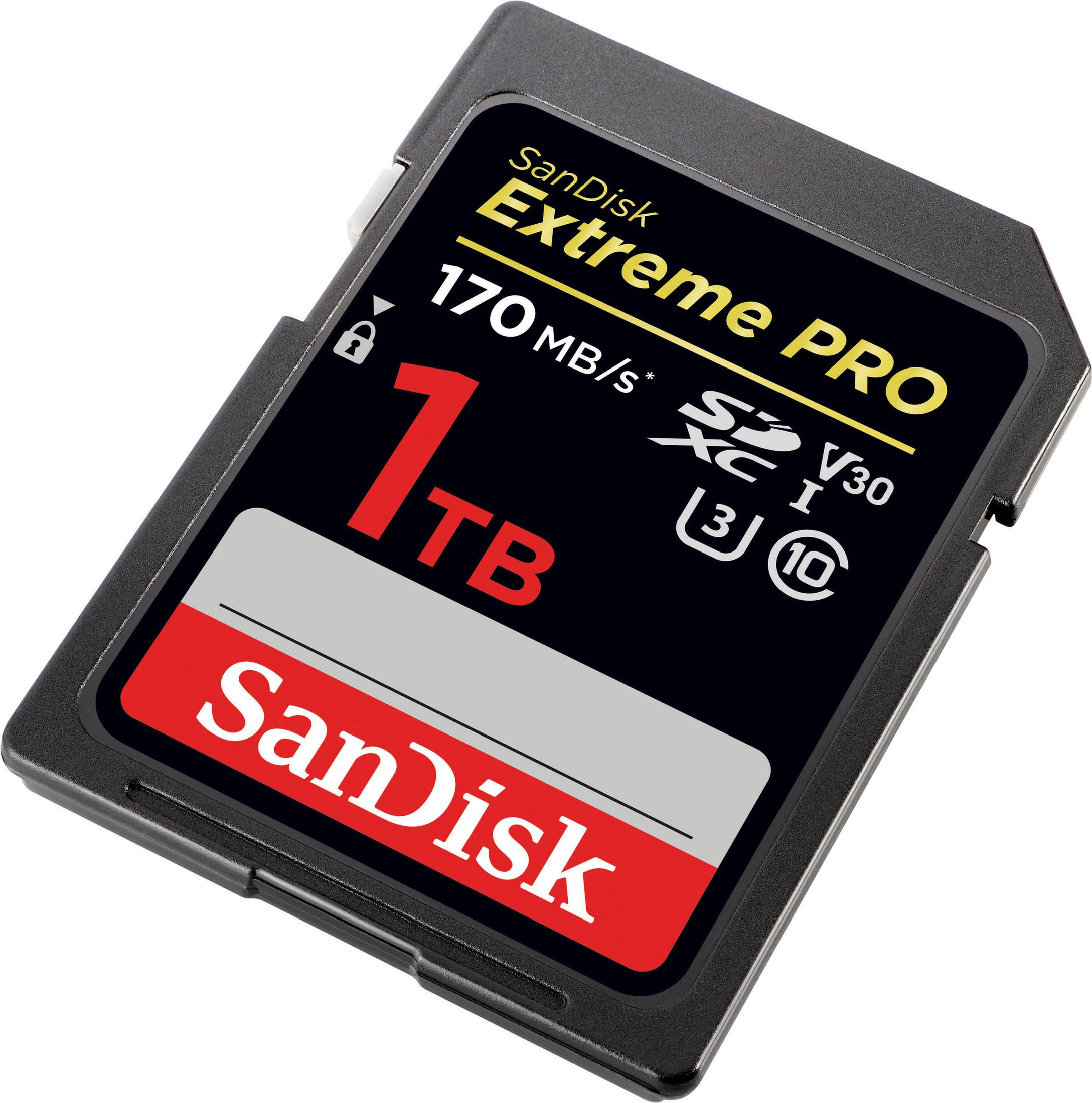 Tarjeta SD SanDisk Extreme Pro con 1 TB de capacidad, el texto en la tarjeta indica el almacenamiento y la velocidad.