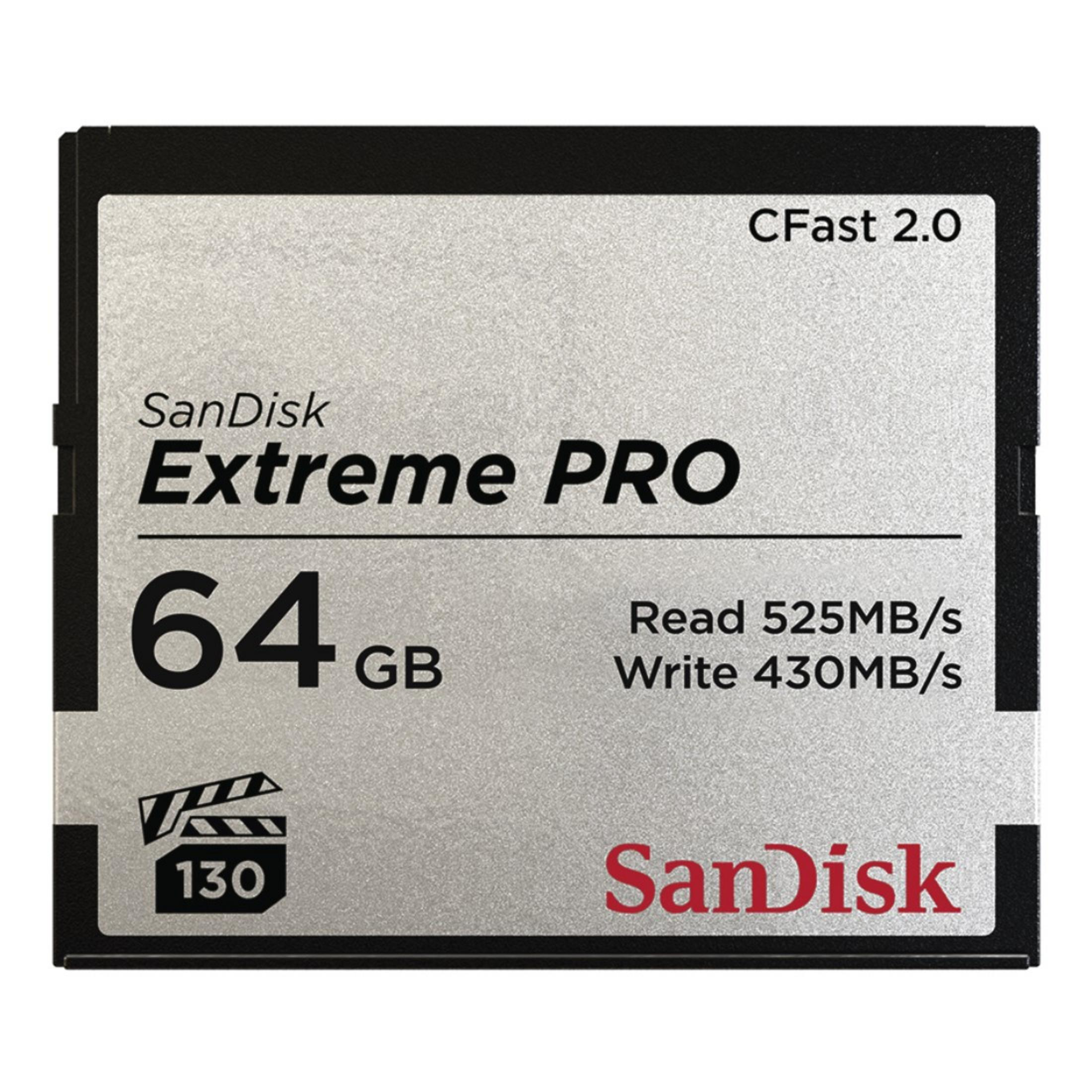 Carte Sandisk Extreme PRO CFast 2.0. Affiche la marque, la taille et les vitesses de lecture/écriture.