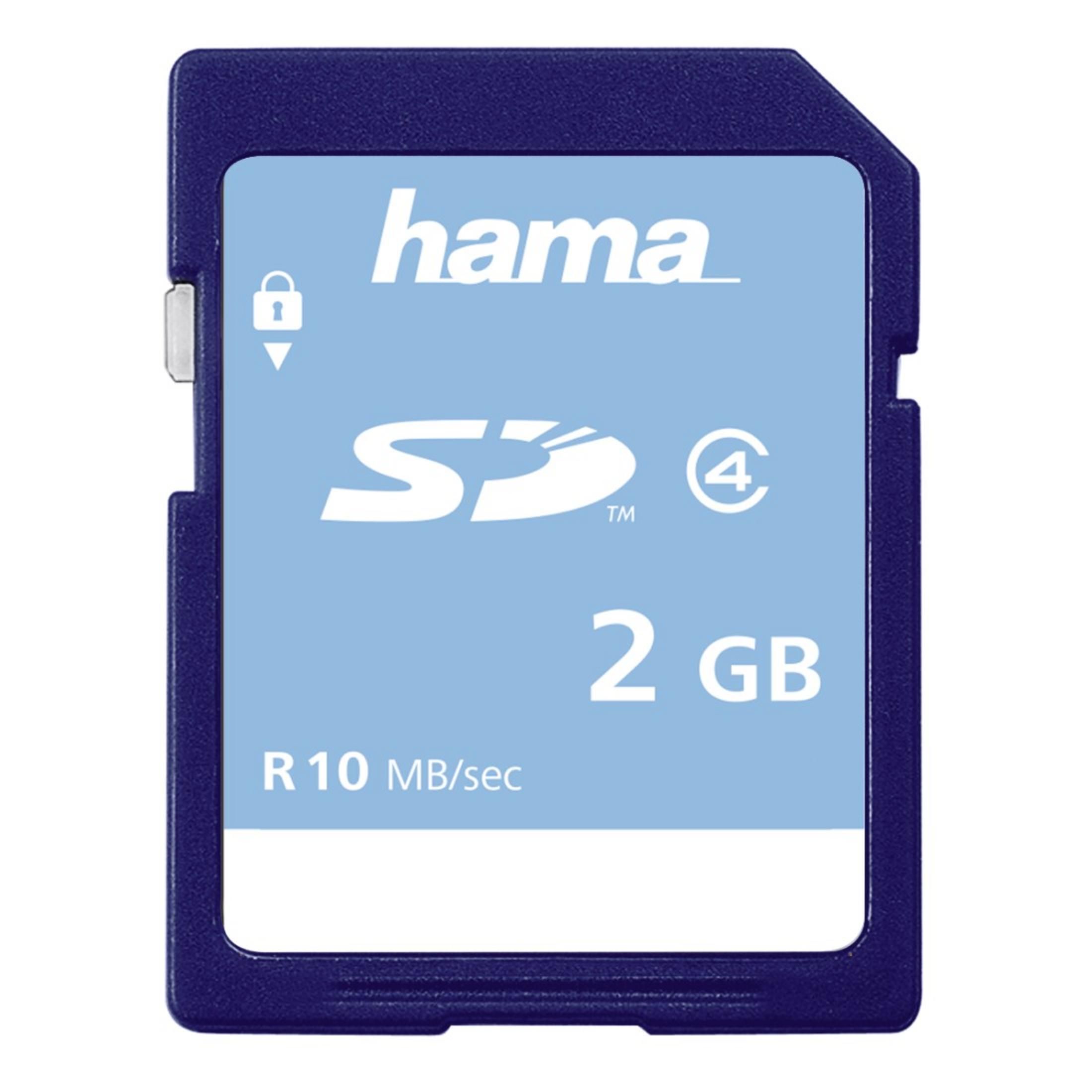 Eine Hama SD-Karte, blau mit weißem Text, mit 2GB und 10MB/Sek. Geschwindigkeit.