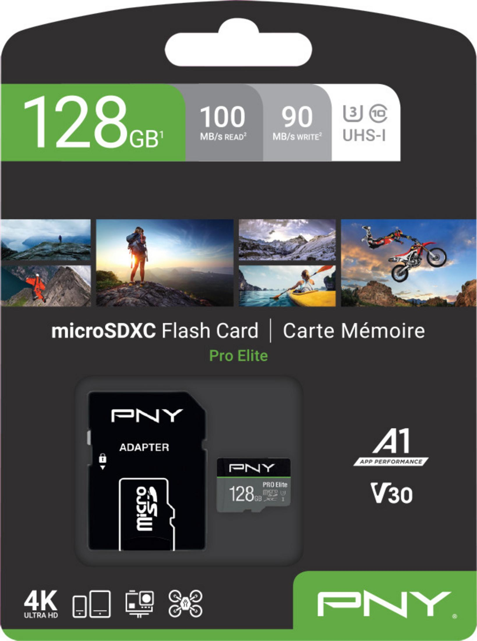 MicroSDXC-Flashkartenverpackung mit Bildern von Außenszenen und technischen Daten.