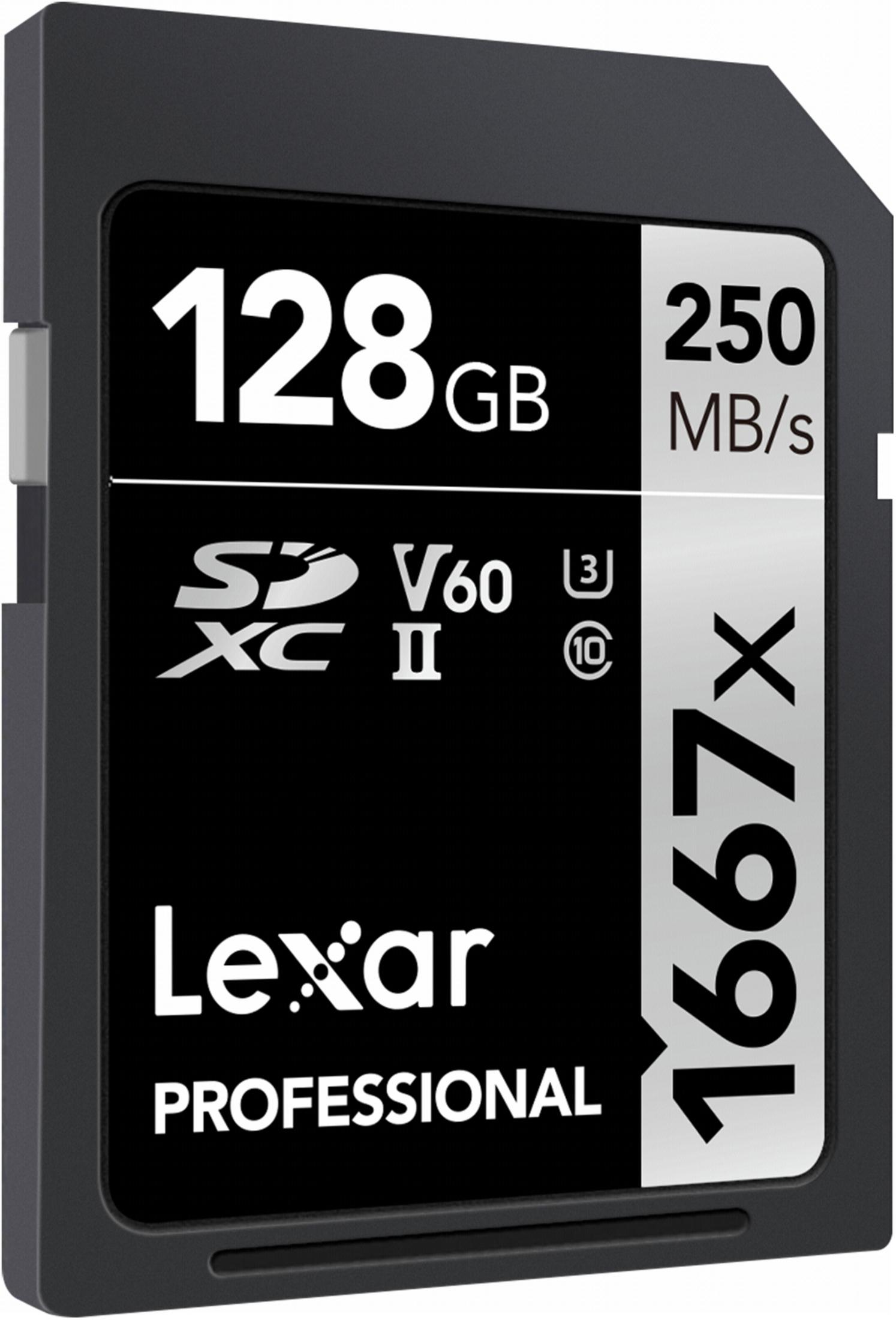 Scheda SD nera e grigia con testo bianco: 128GB, 250MB/s, Lexar Professional 1667x.