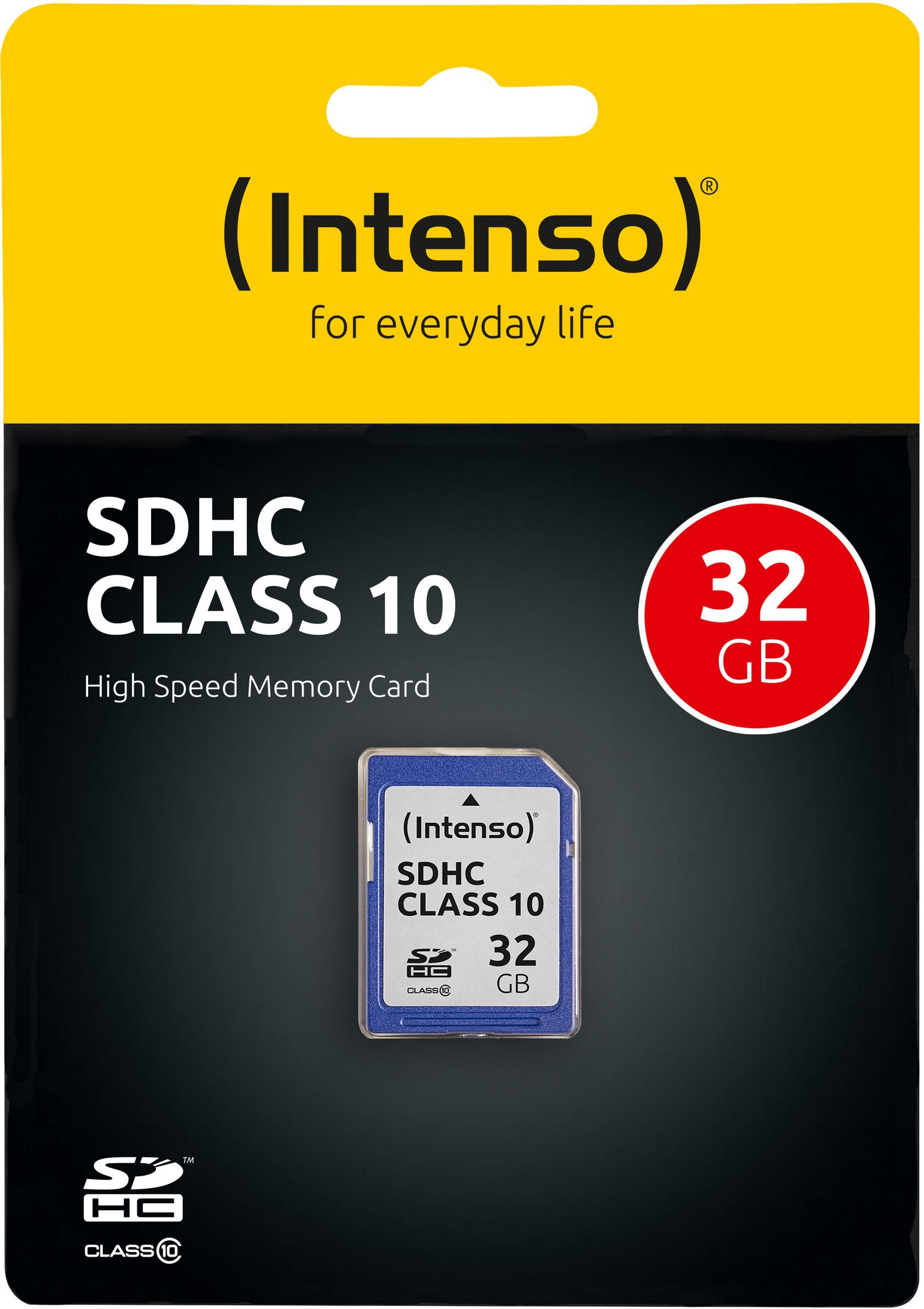 Emballage de carte mémoire SDHC Classe 10 32 Go. La carte est bleue.