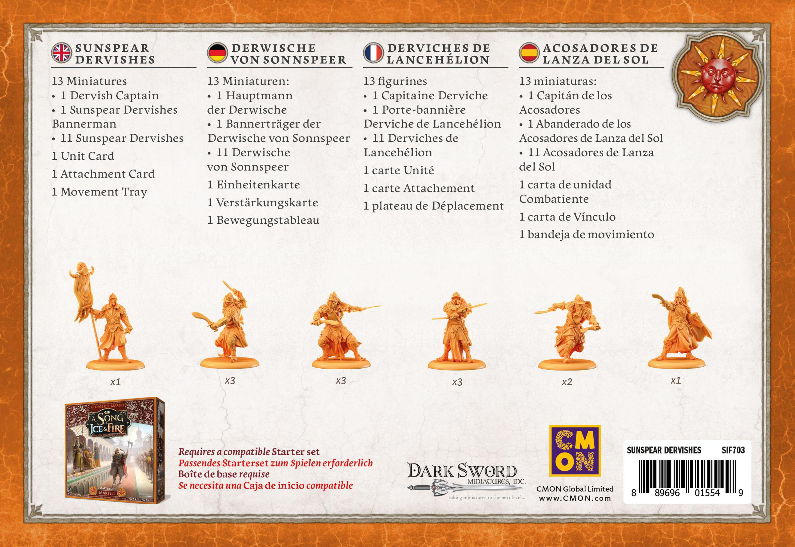 Una caja de producto con texto y figuras naranjas. Una lista de artículos y figuras en varios idiomas.