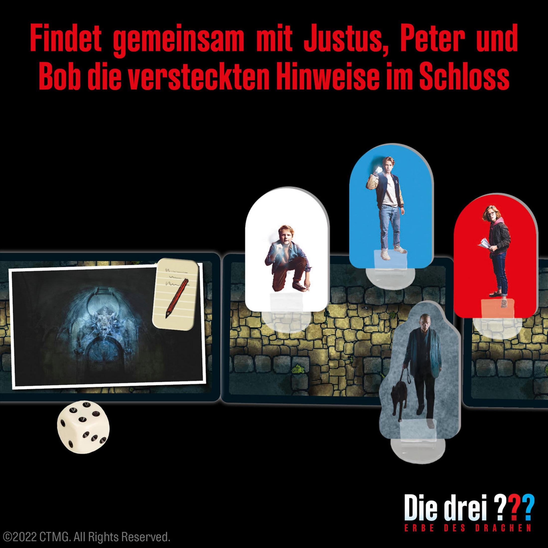 Spielbrett mit Figuren von drei Kindern und einem Würfel. Deutscher Text.