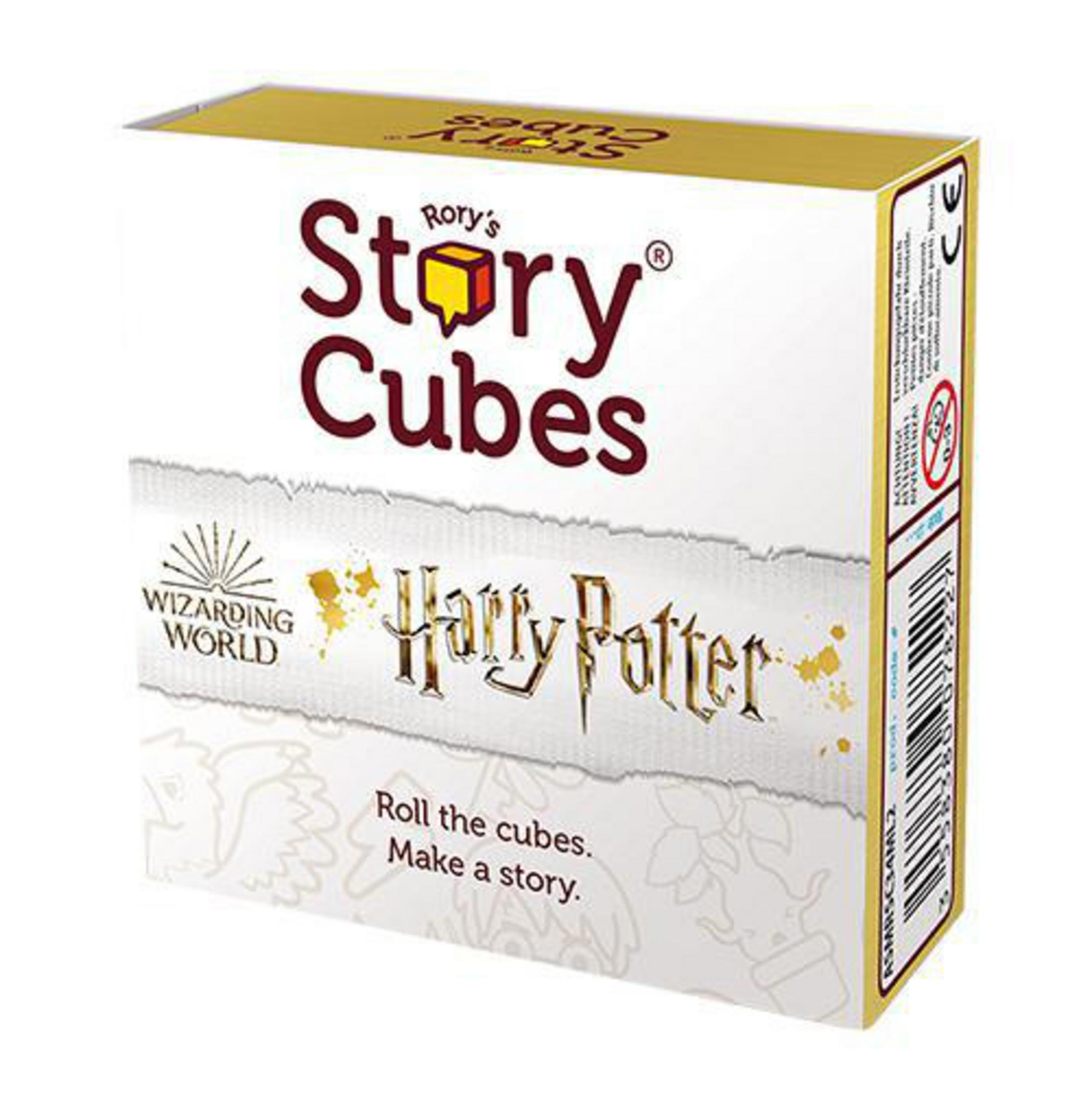 Eine Harry Potter Story Cubes Box. Sie ist weiß mit gelben Akzenten und Illustrationen.