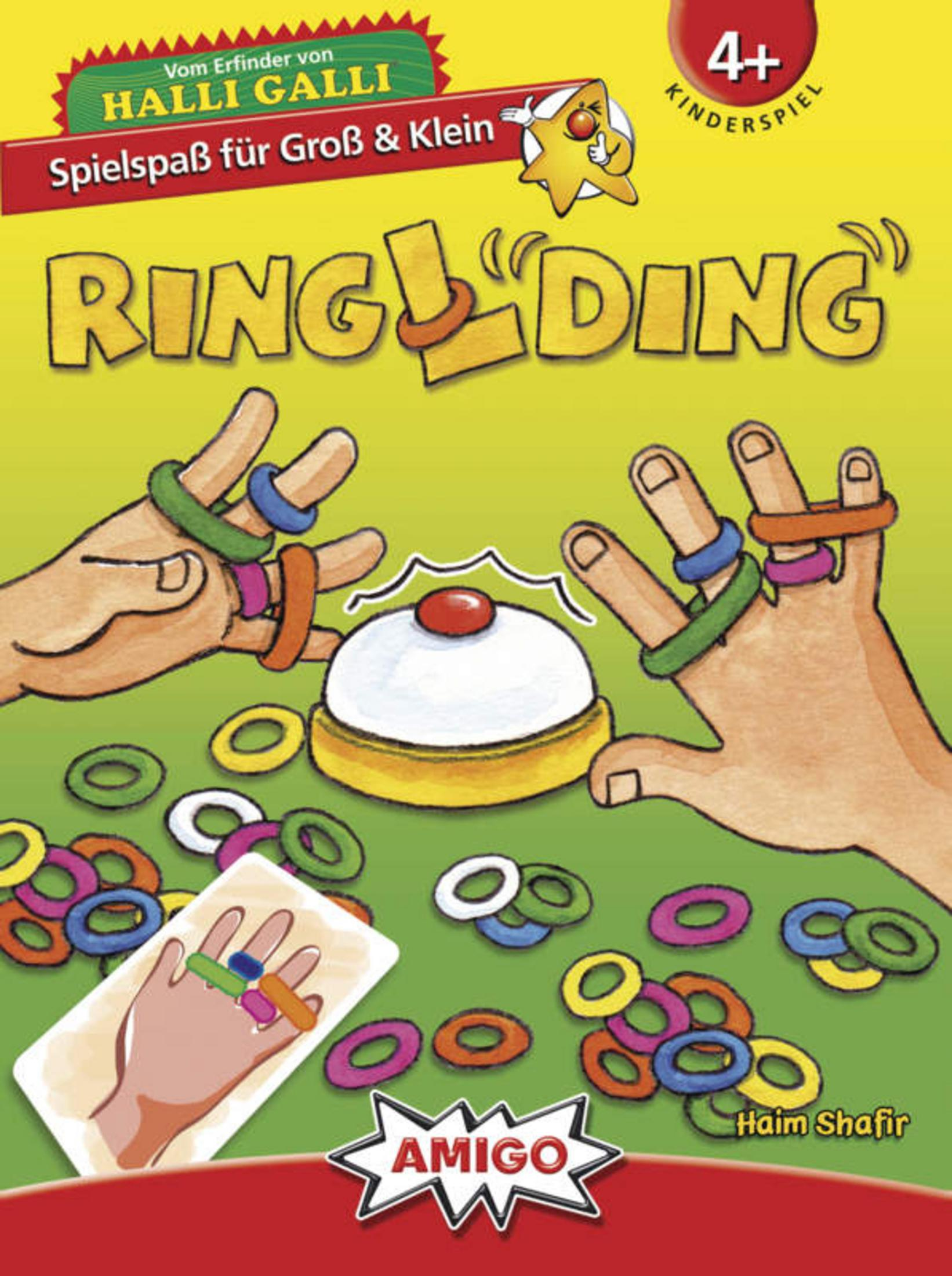 Brettspielbox: Ring Ding. Hände mit Ringen um eine zentrale weiße Scheibe, grüner Hintergrund.