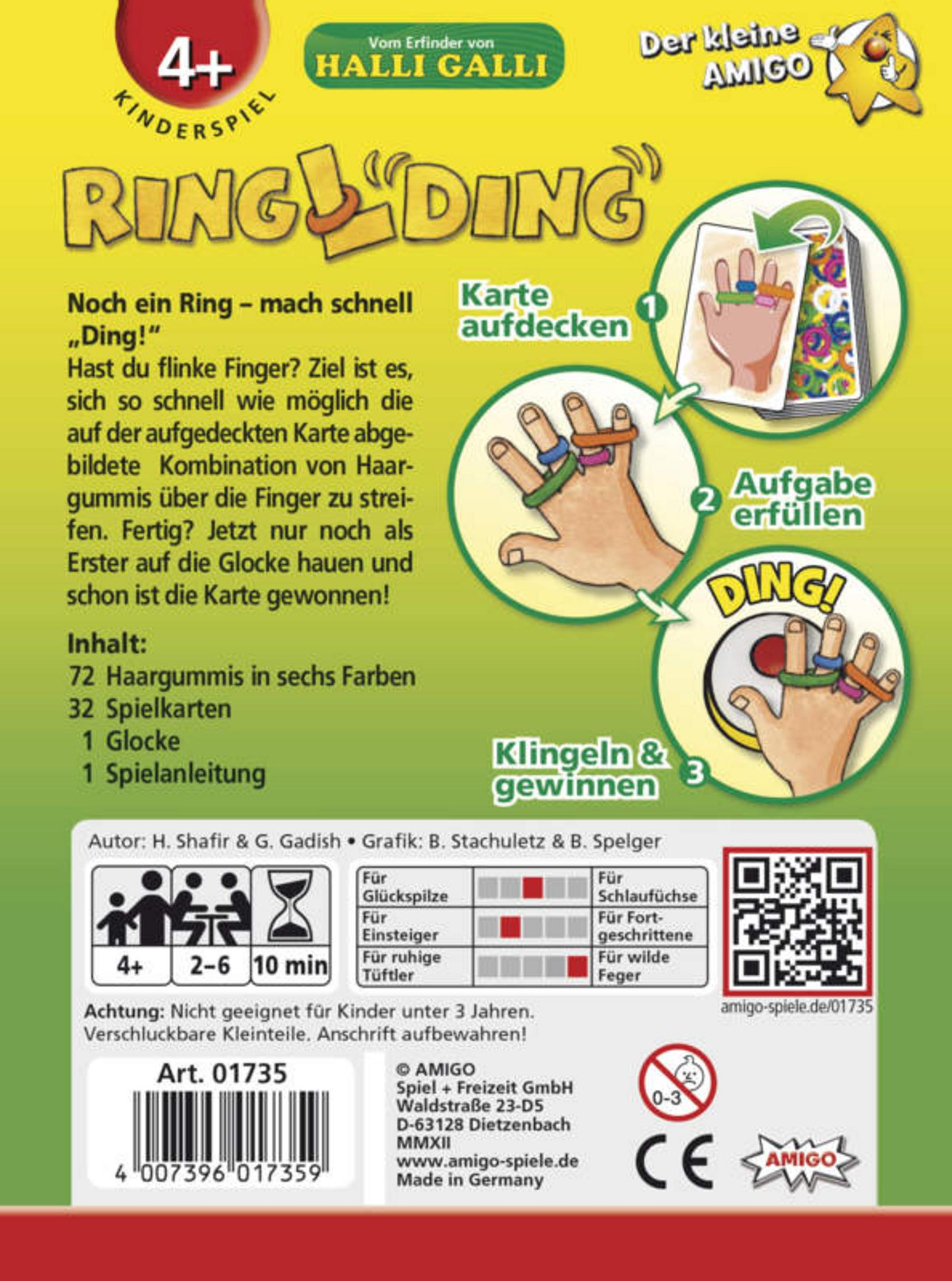 Ring Ding Spielbox. Die Box zeigt die Spielanleitung und hat bunte Ringe auf den Händen.