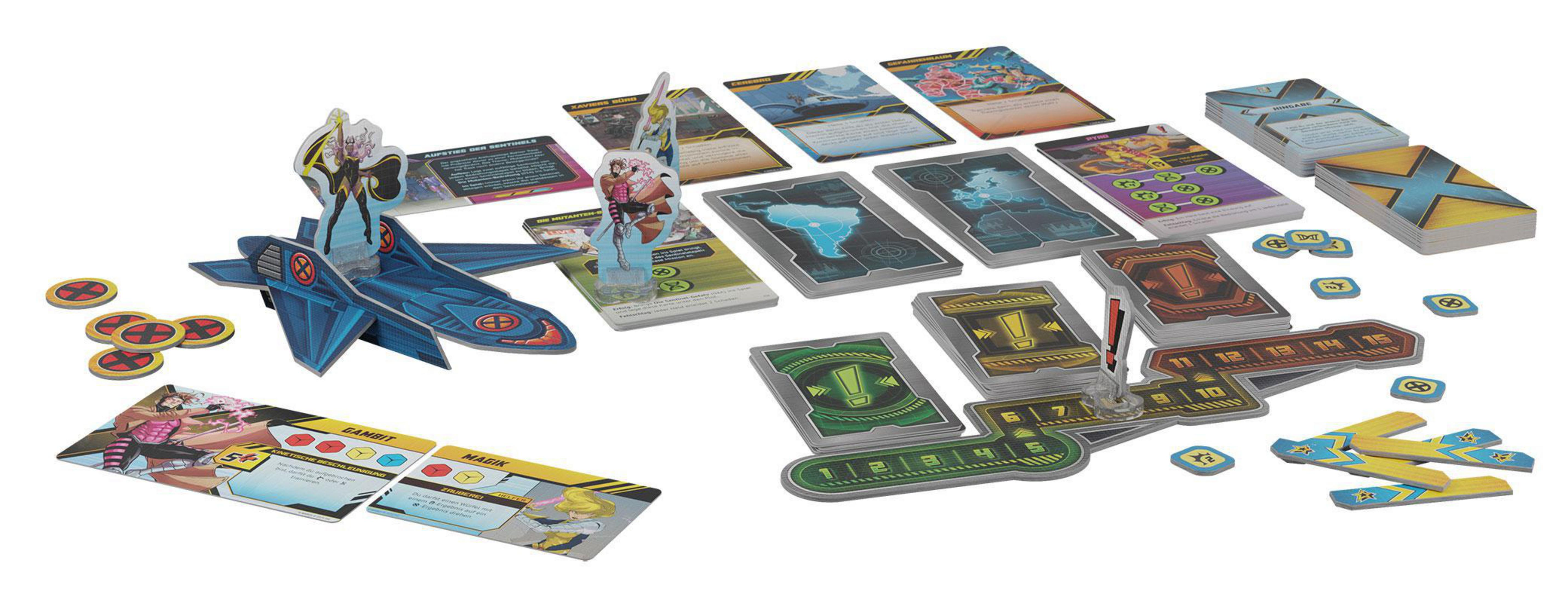 X-Men-Brettspielkomponenten. Enthält Spielbrett, Karten und Spielfiguren, ausgebreitet.