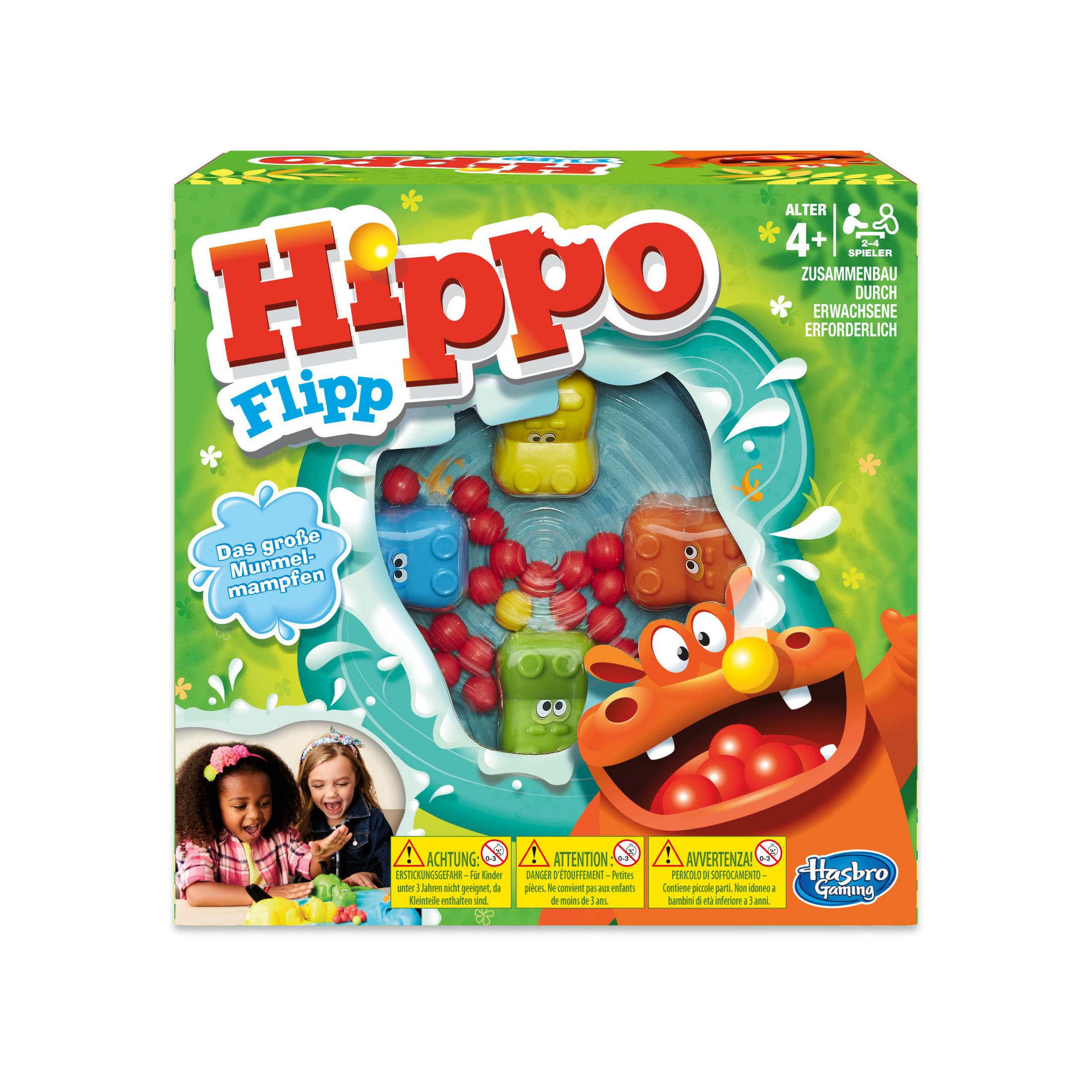 Eine Brettspielbox mit einer Cartoon-Nilpferdfigur.