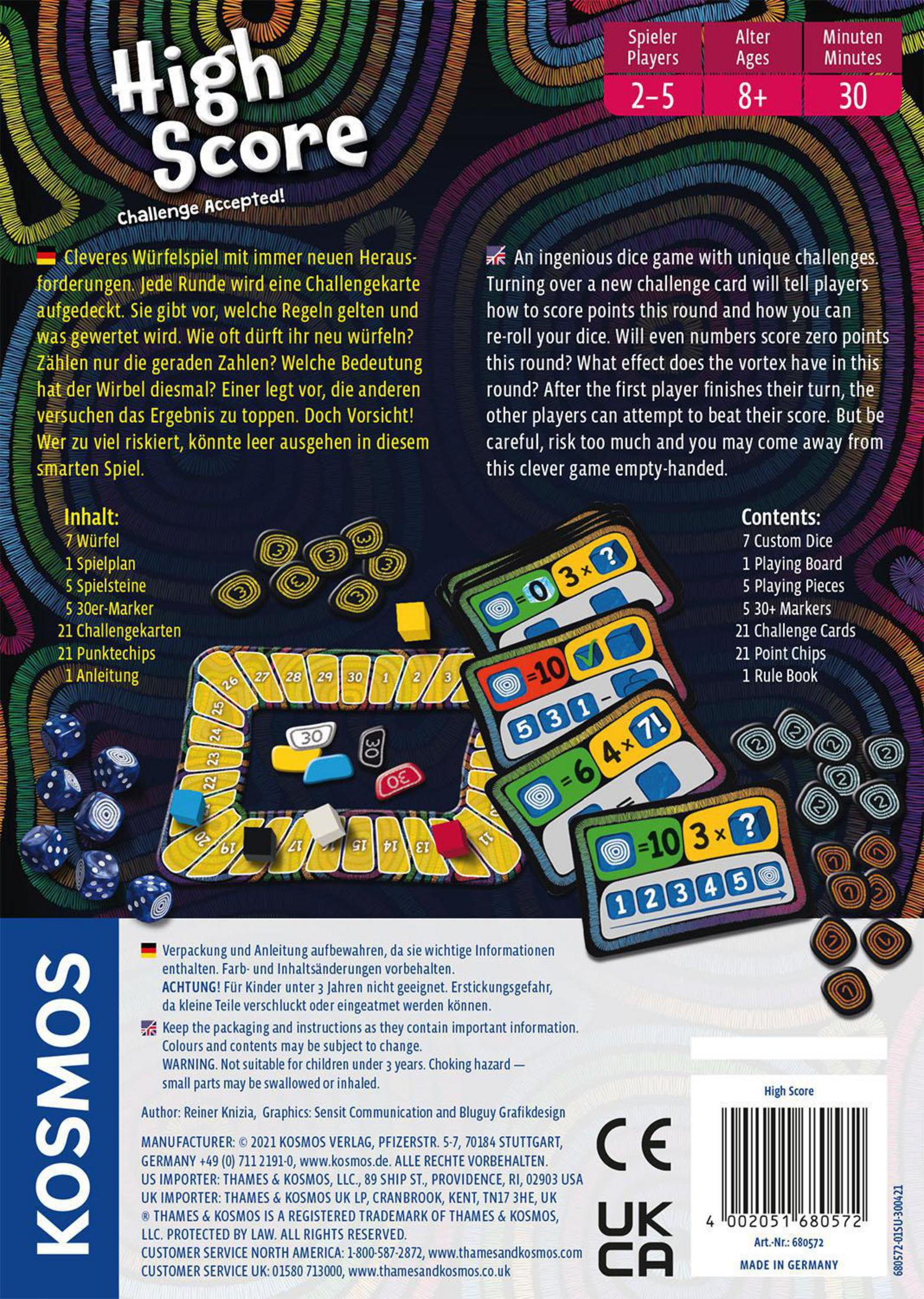 Pudełko gry High Score. Tekst i grafika planszy w języku angielskim, kości i karty.