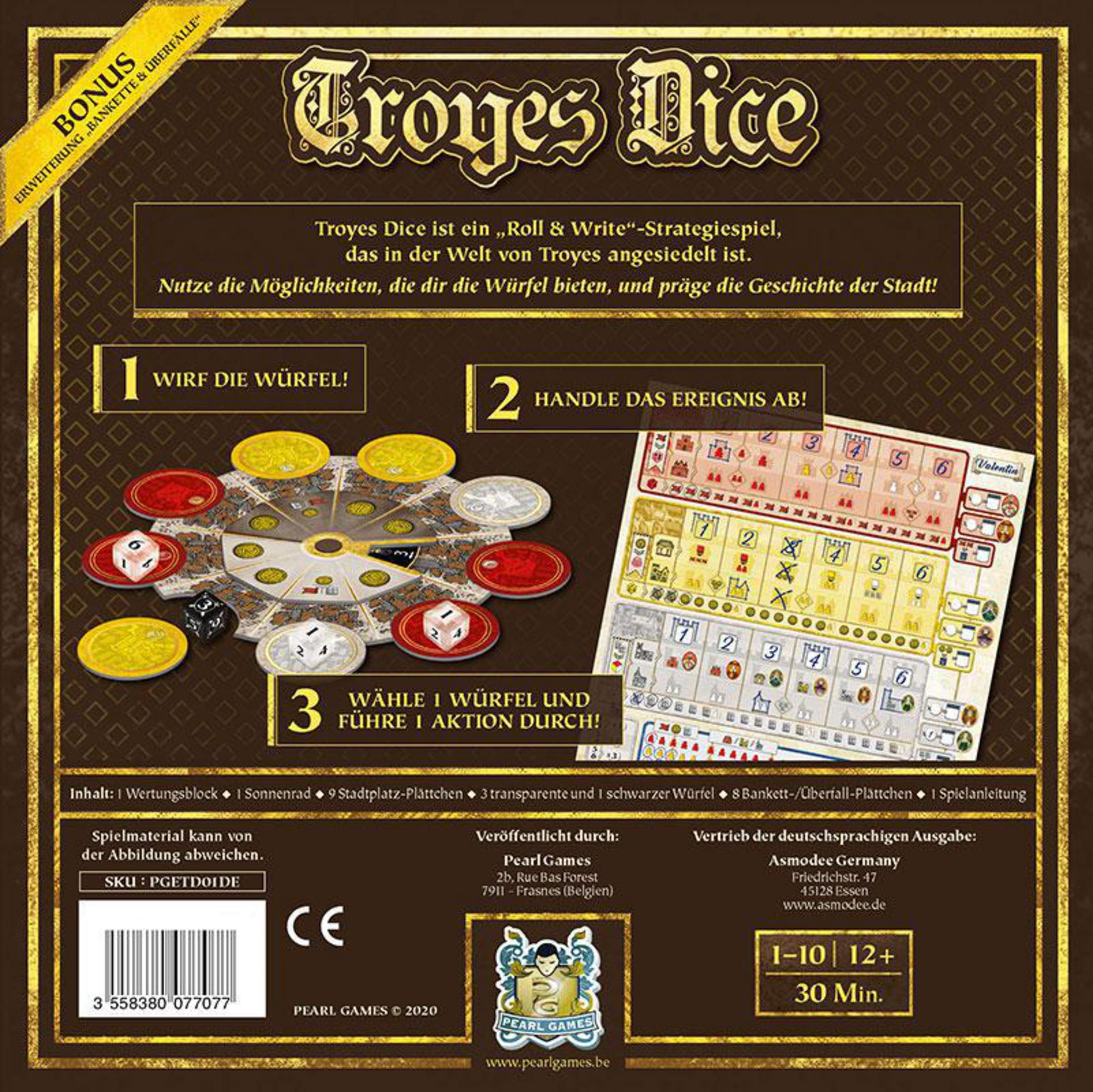 Rückseite der 'Troyes Dice' Brettspielbox. Zeigt das Spielbrett und die Würfel.