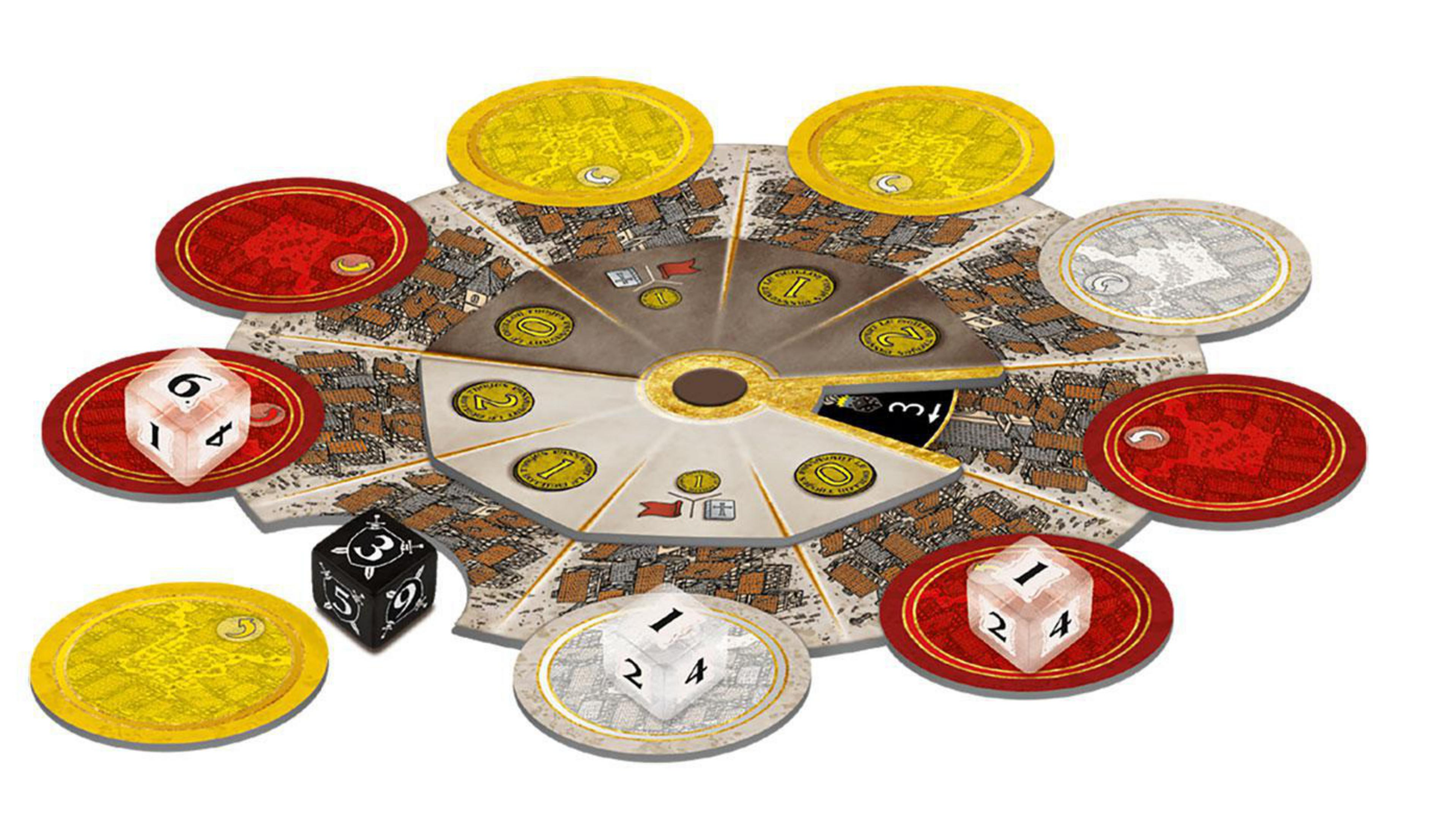 Ein Brettspiel-Setup mit kreisförmigem Brett, Würfeln und Spielsteinen, Draufsicht.