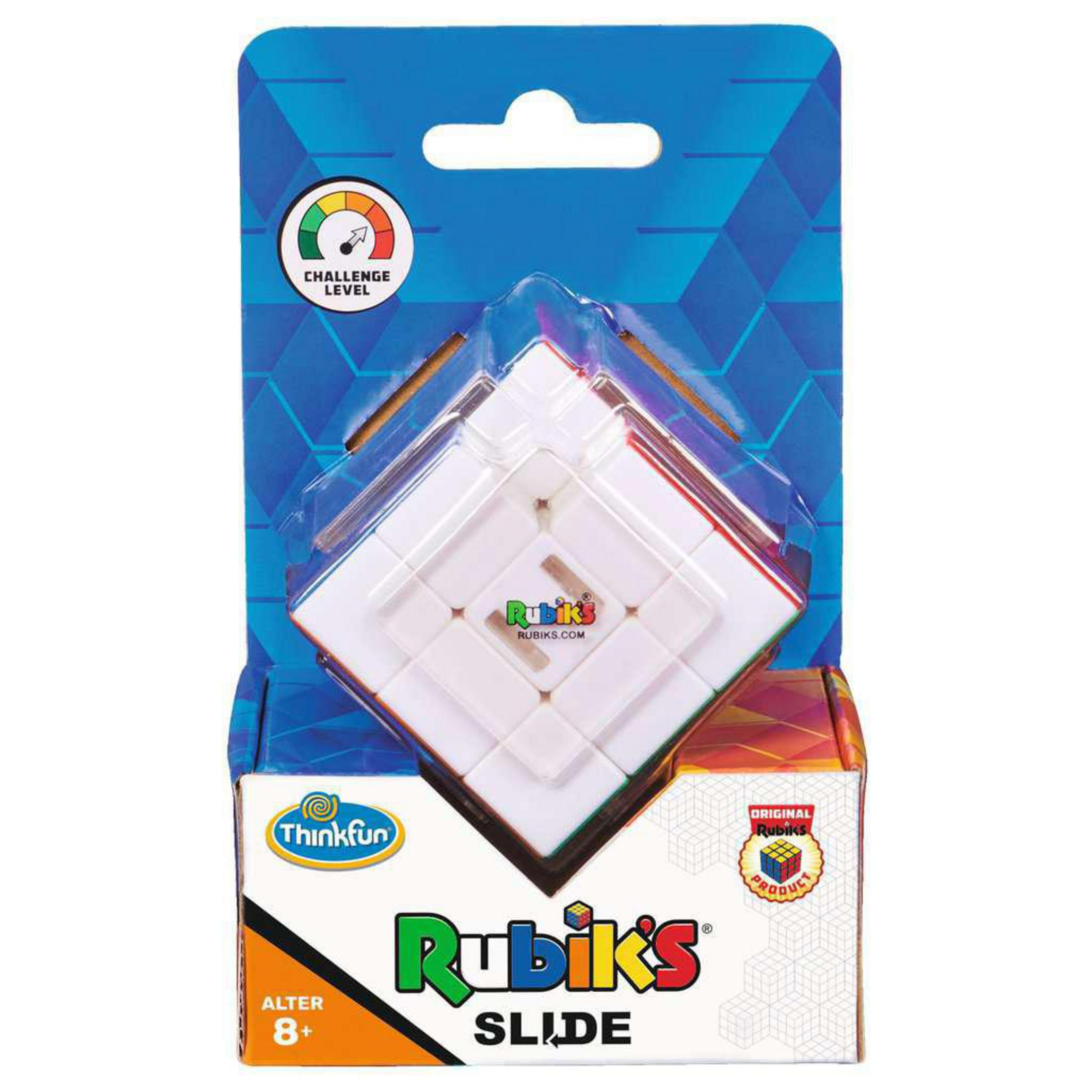 Rubik's Slide Puzzle in seiner Verpackung, zeigt einen weißen Würfel mit bunten Quadraten.