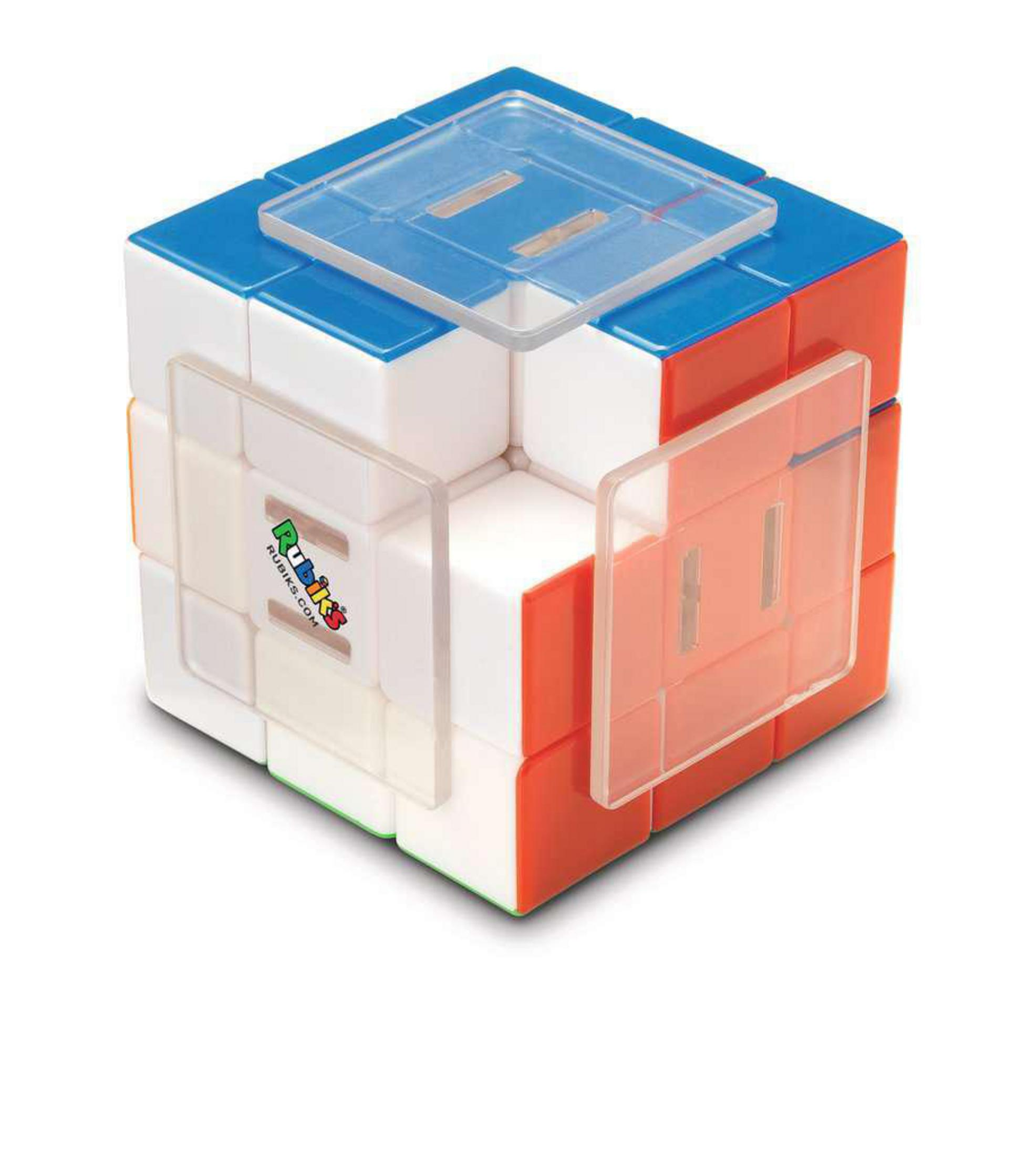 Rubik's Cube mit transparenten Abdeckungen, orange, blau und weiße Seiten.