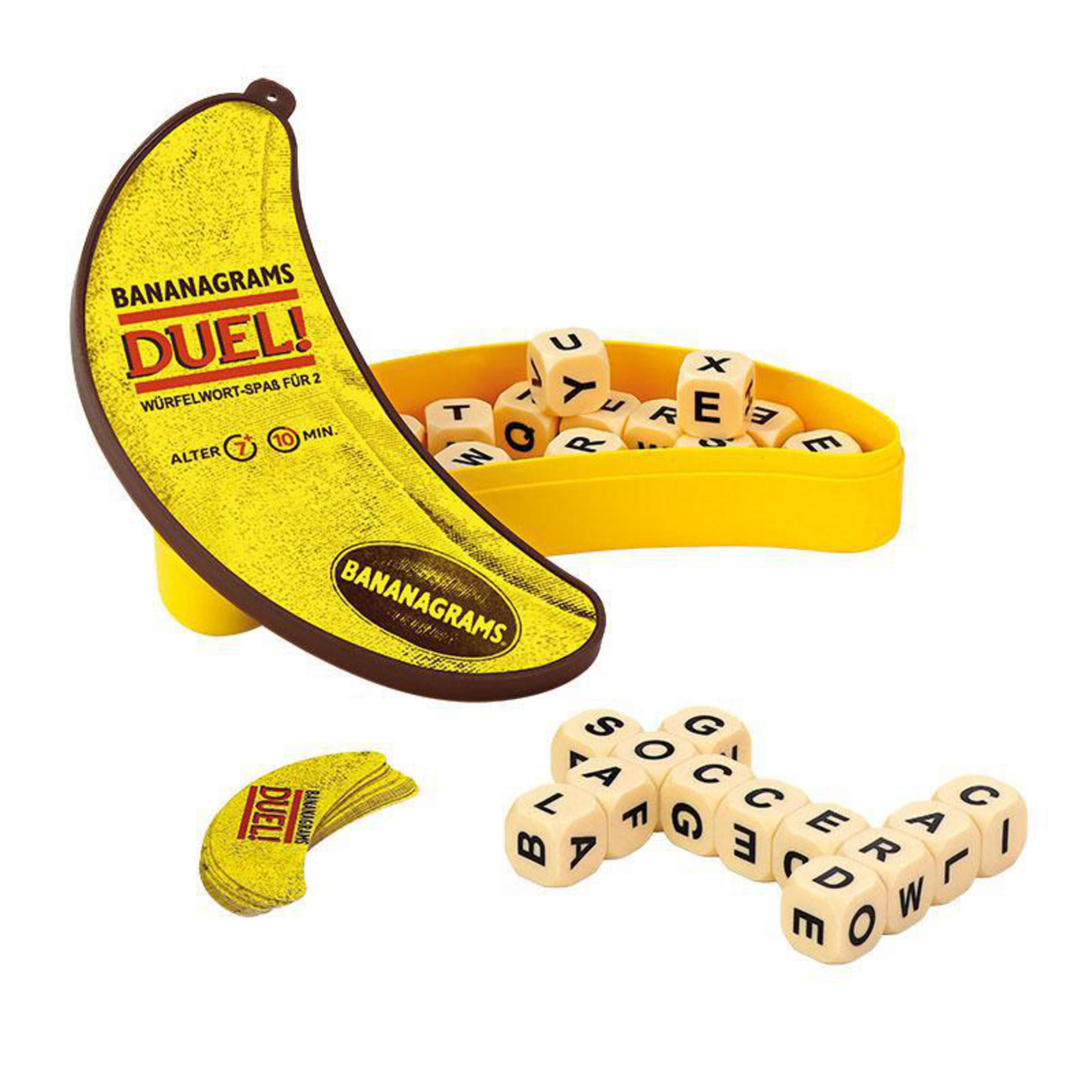 Bananagrams Duel Spiel in Bananenform mit Würfeln und gelbem Behälter.