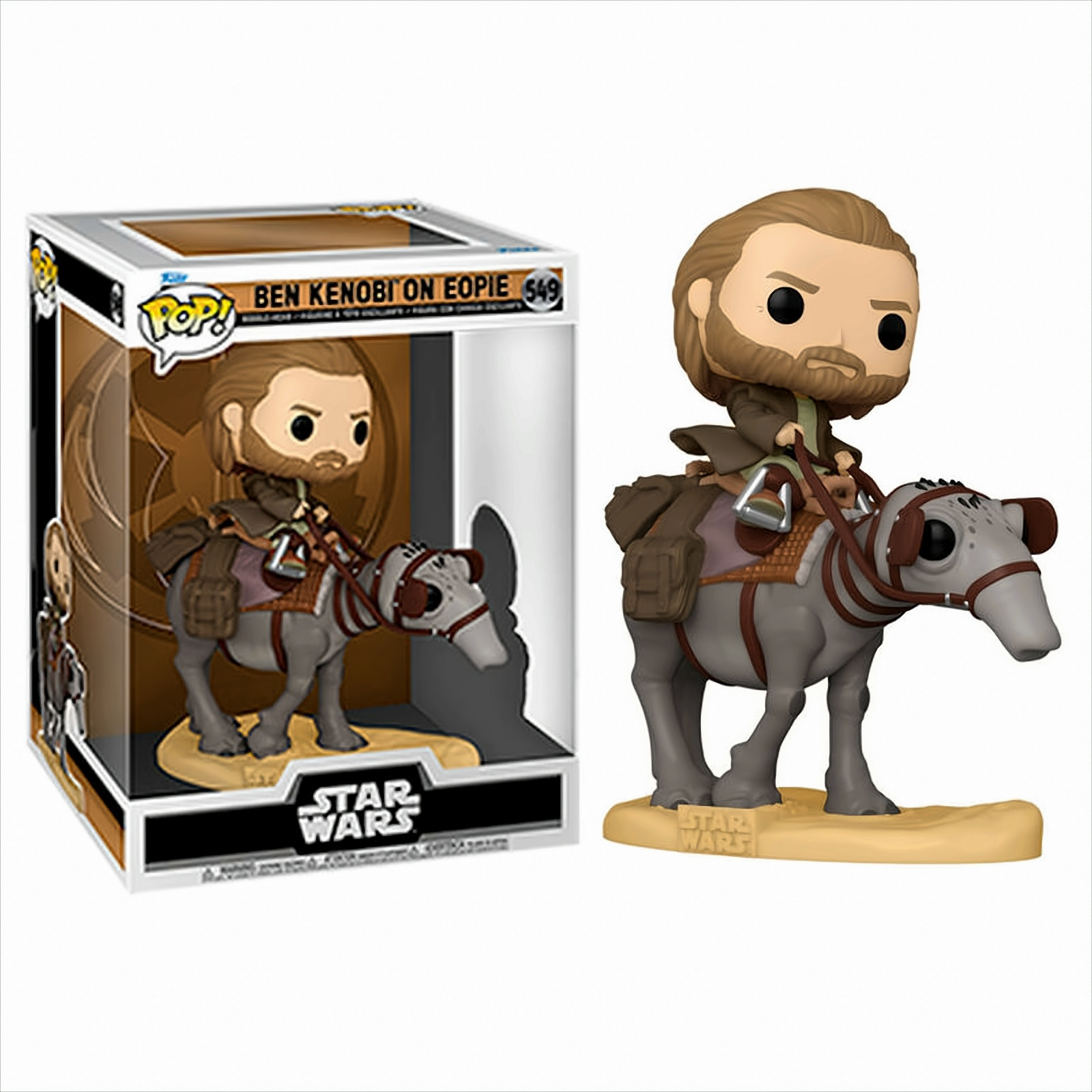 Een Star Wars Funko Pop figuur van Ben Kenobi op een wezen, met een doos op de achtergrond.