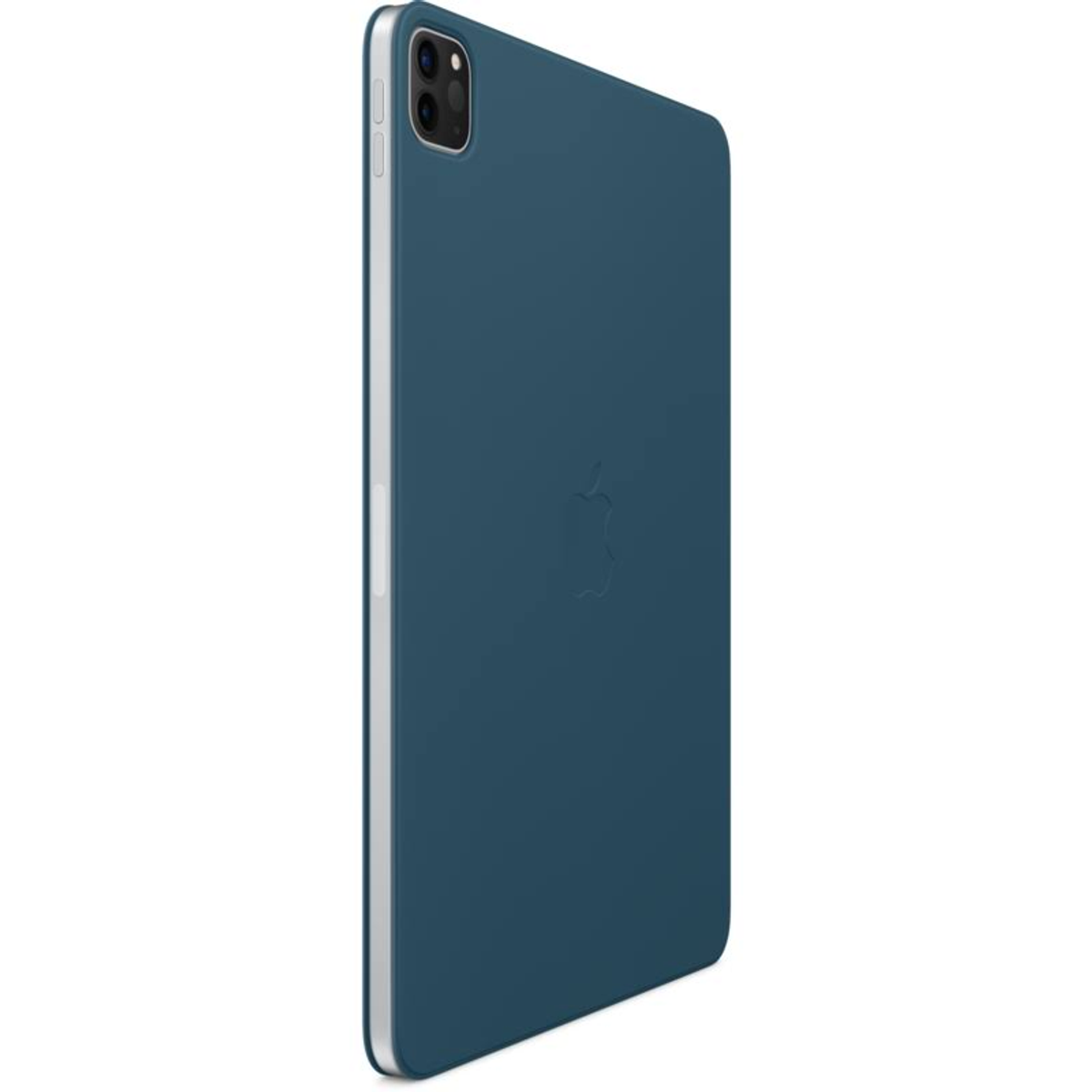 Eine blaue iPad-Hülle mit dem Apple-Logo auf der Rückseite. Weißer Hintergrund.