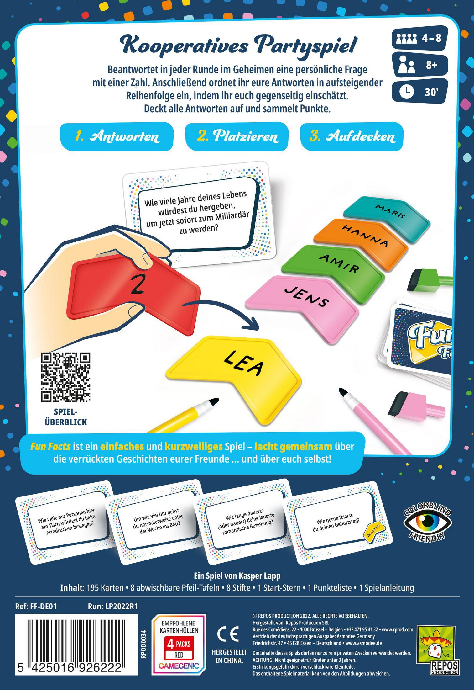 Tył pudełka gry planszowej z kartami do gry. Obecny jest kod QR i informacje o grze.