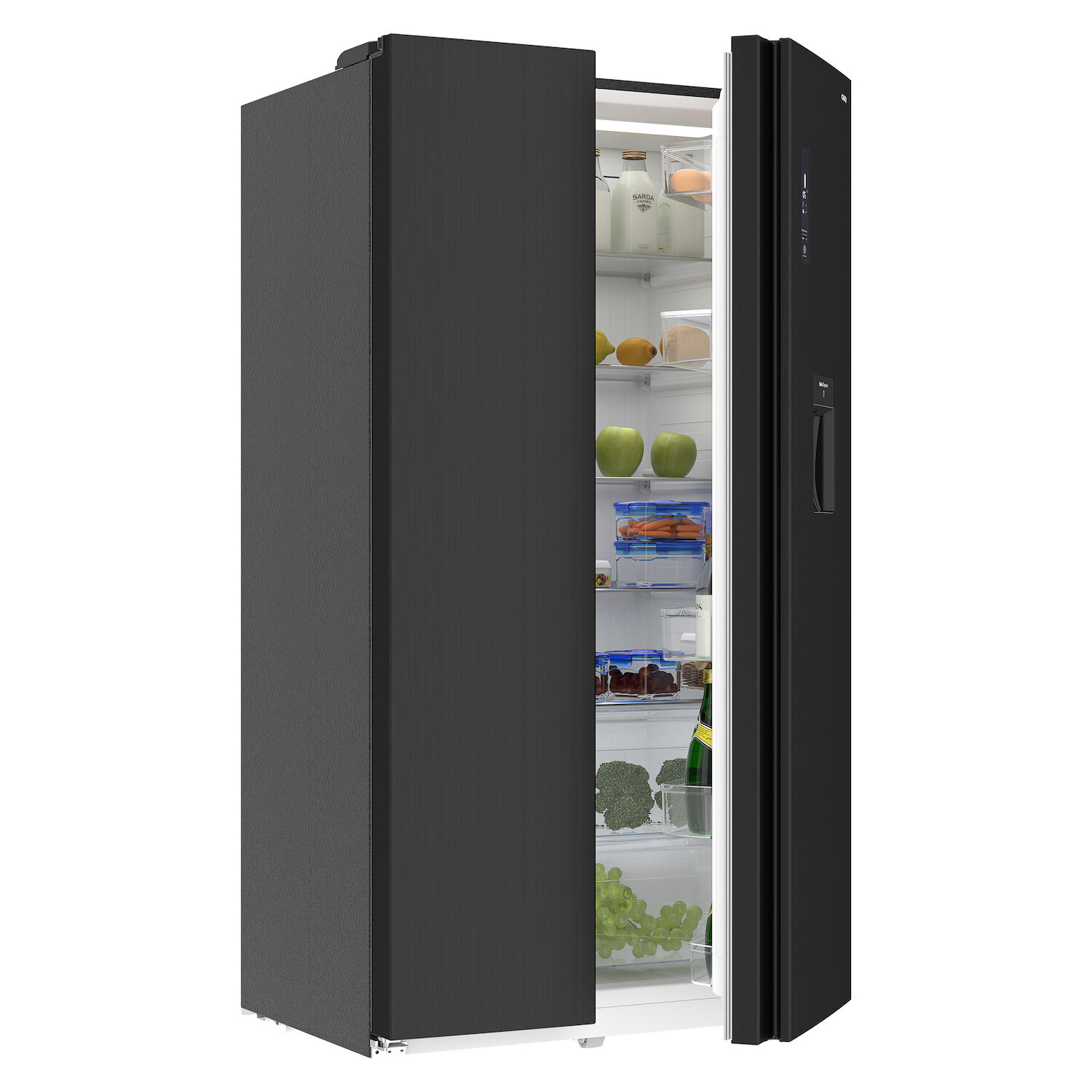 Refrigerador negro con puertas abiertas que revelan alimentos en el interior. La puerta izquierda está cerrada.