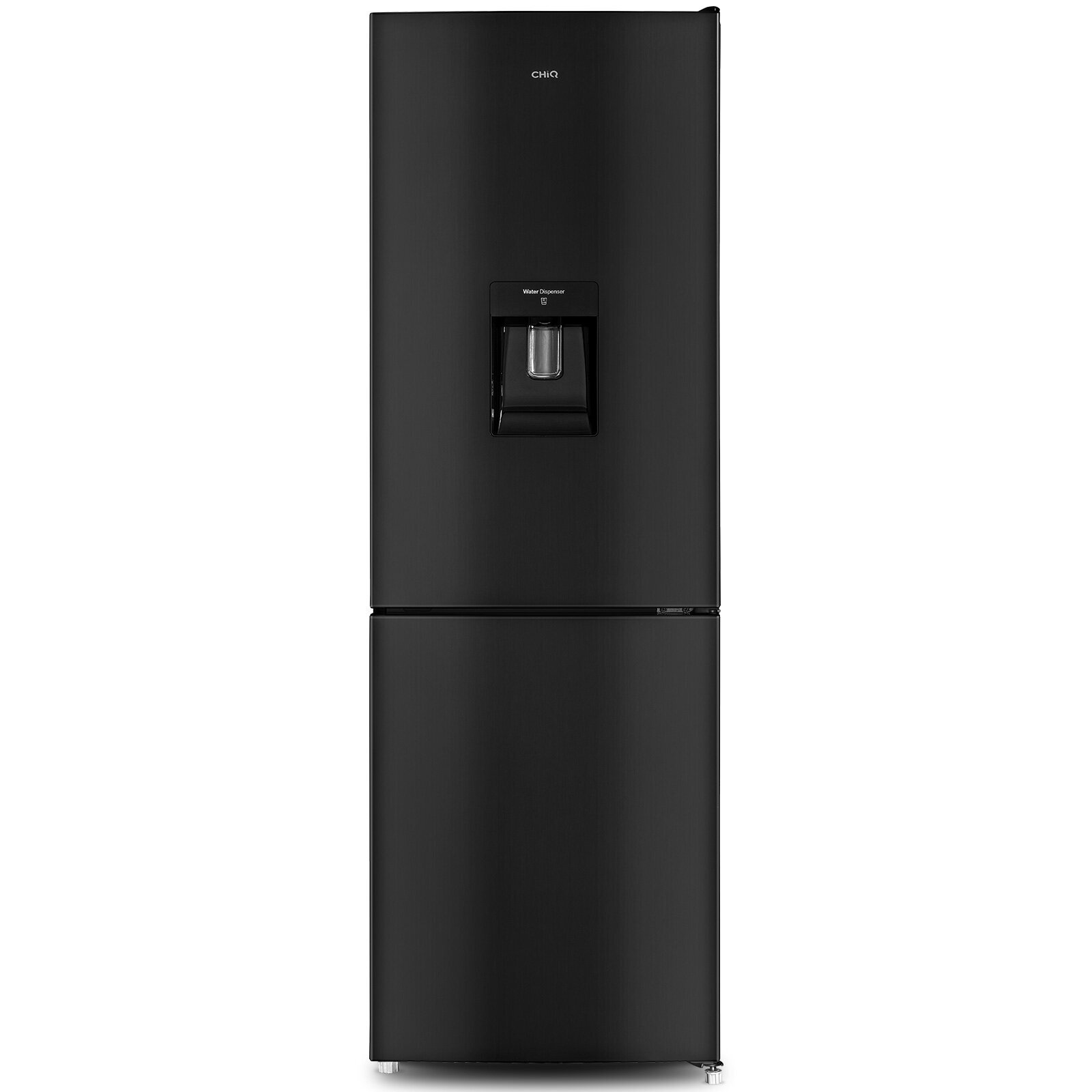 Black refrigerator with a water dispenser. Two doors.