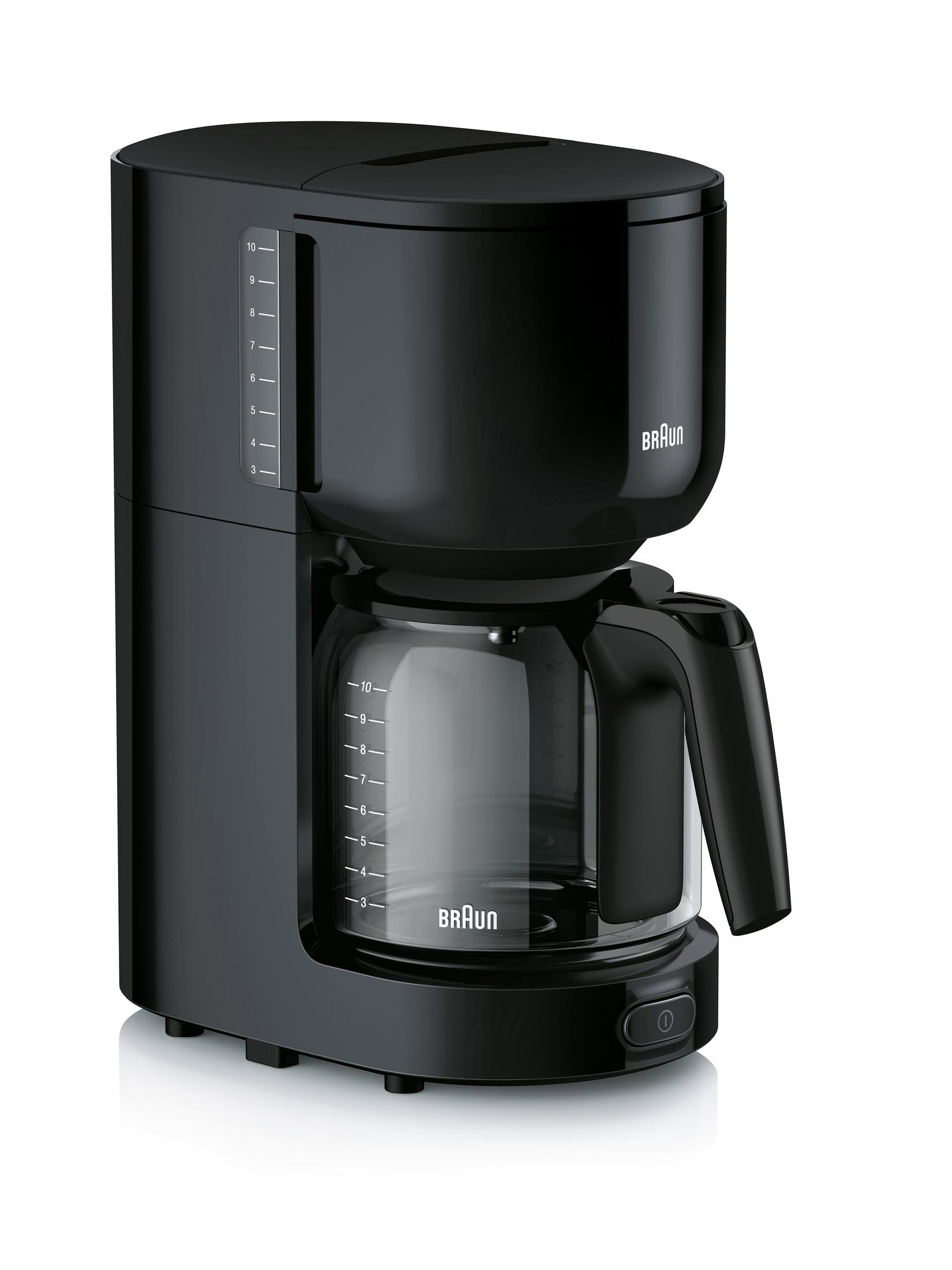 Czarny ekspres do kawy ze szklaną karafką. Karafka ma oznaczenia pomiarowe.