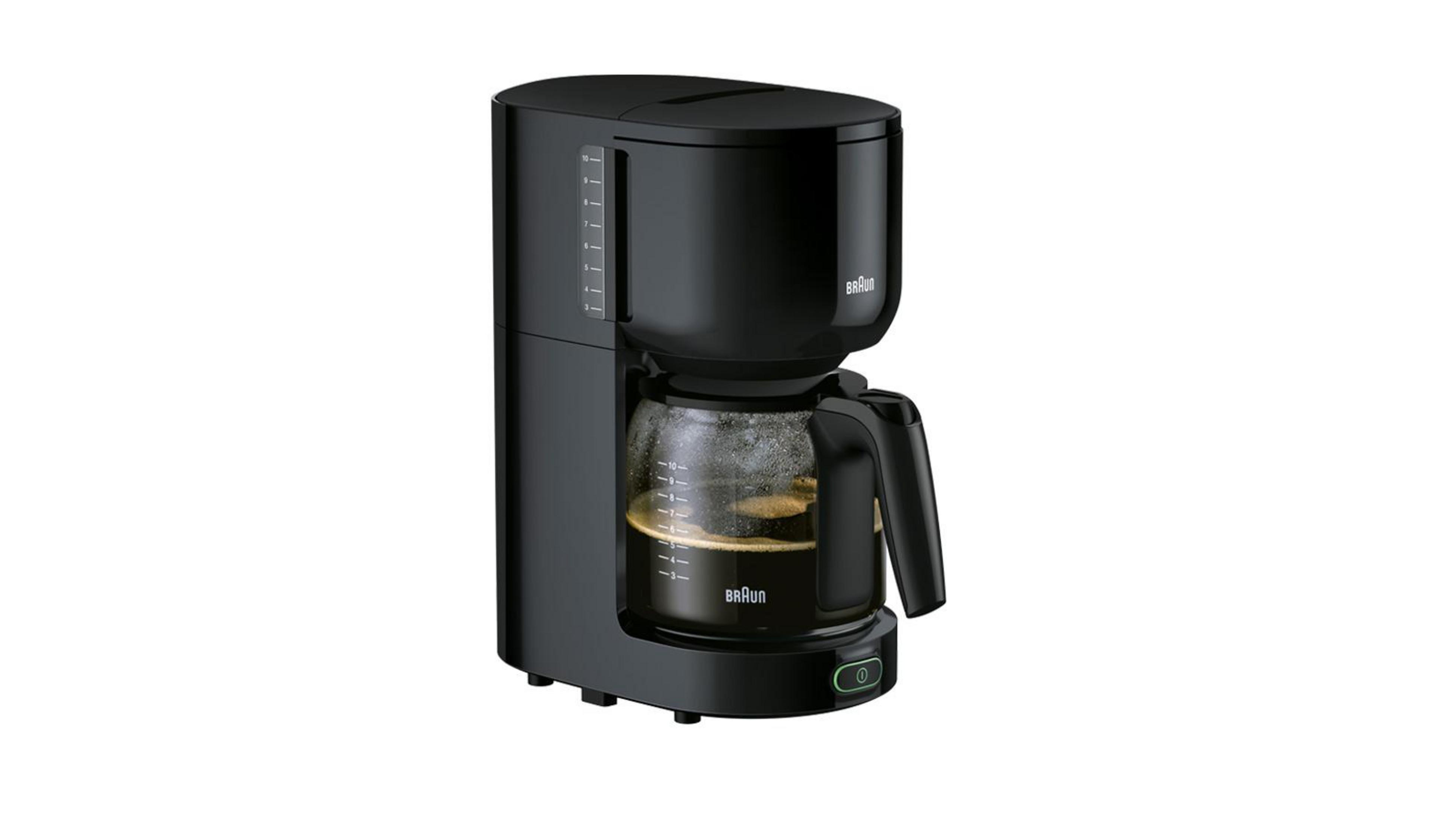 Czarny ekspres do kawy ze szklanym dzbankiem. W dzbanku jest kawa.