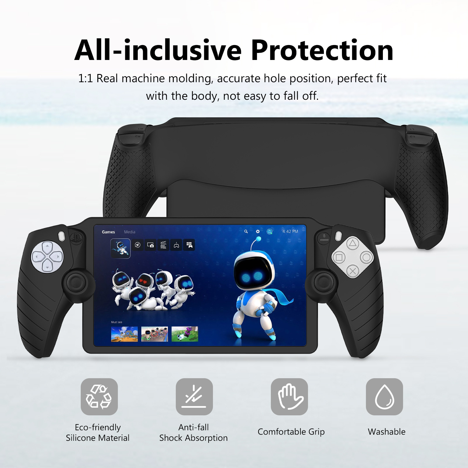 Schwarzer Gamecontroller mit Tablet-Anzeige eines Spielcharakters. Schutzhülle oben.