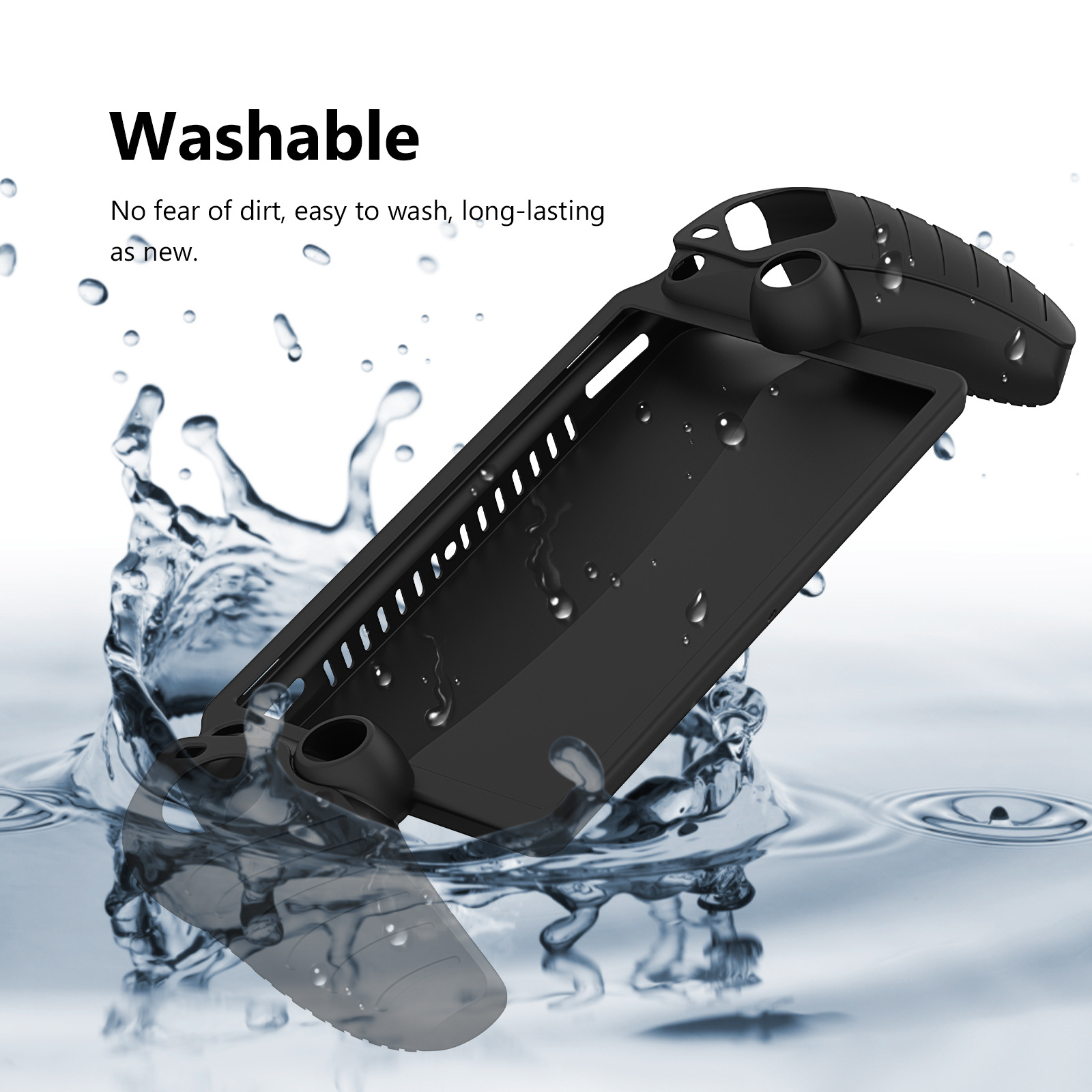 Schwarze Controller-Hülle mit Wasserspritzern, zeigt Hüllen- und Controllerteile.