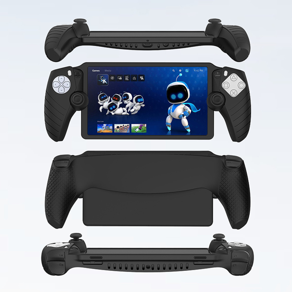 Schwarzer Gaming-Controller und Tablet kombiniert. Mehrere Teile sind abgebildet.