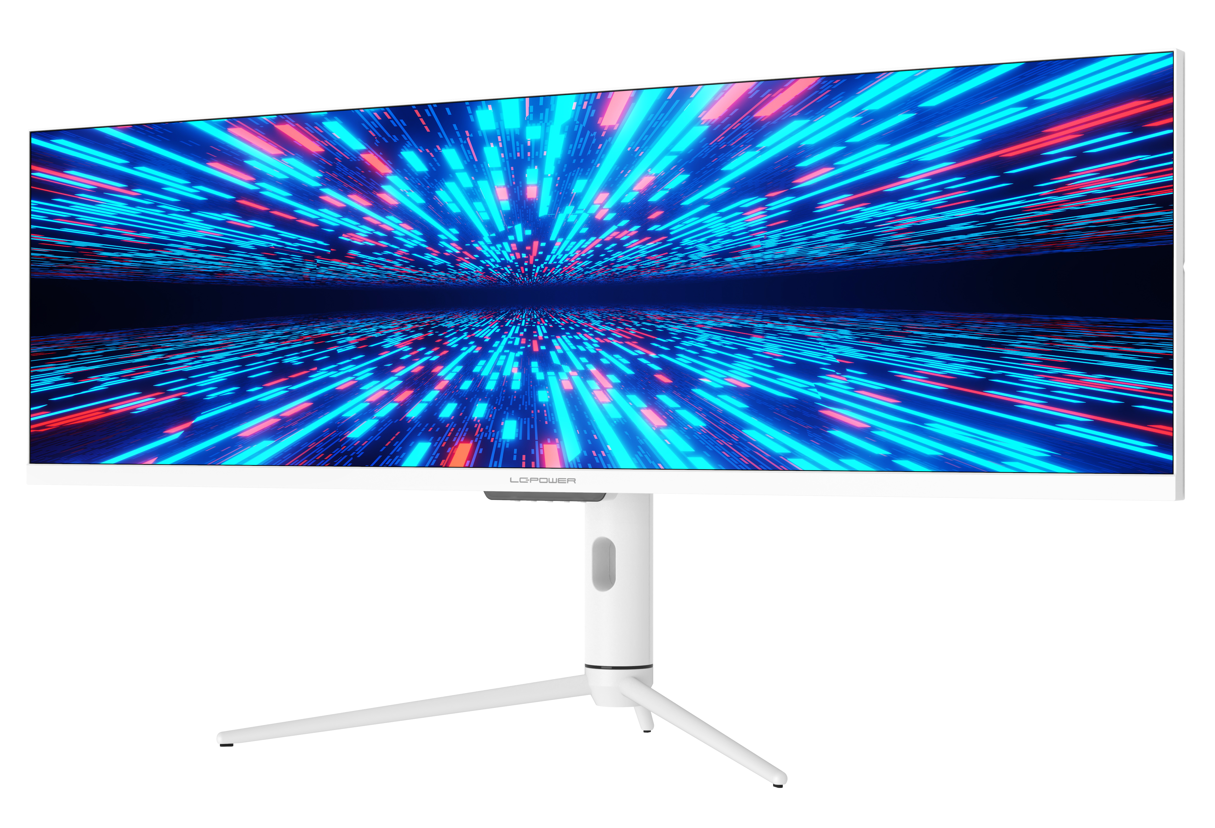 Biały, zakrzywiony monitor ultrawide z kolorowym, abstrakcyjnym wyświetlaczem. Biała podstawa.