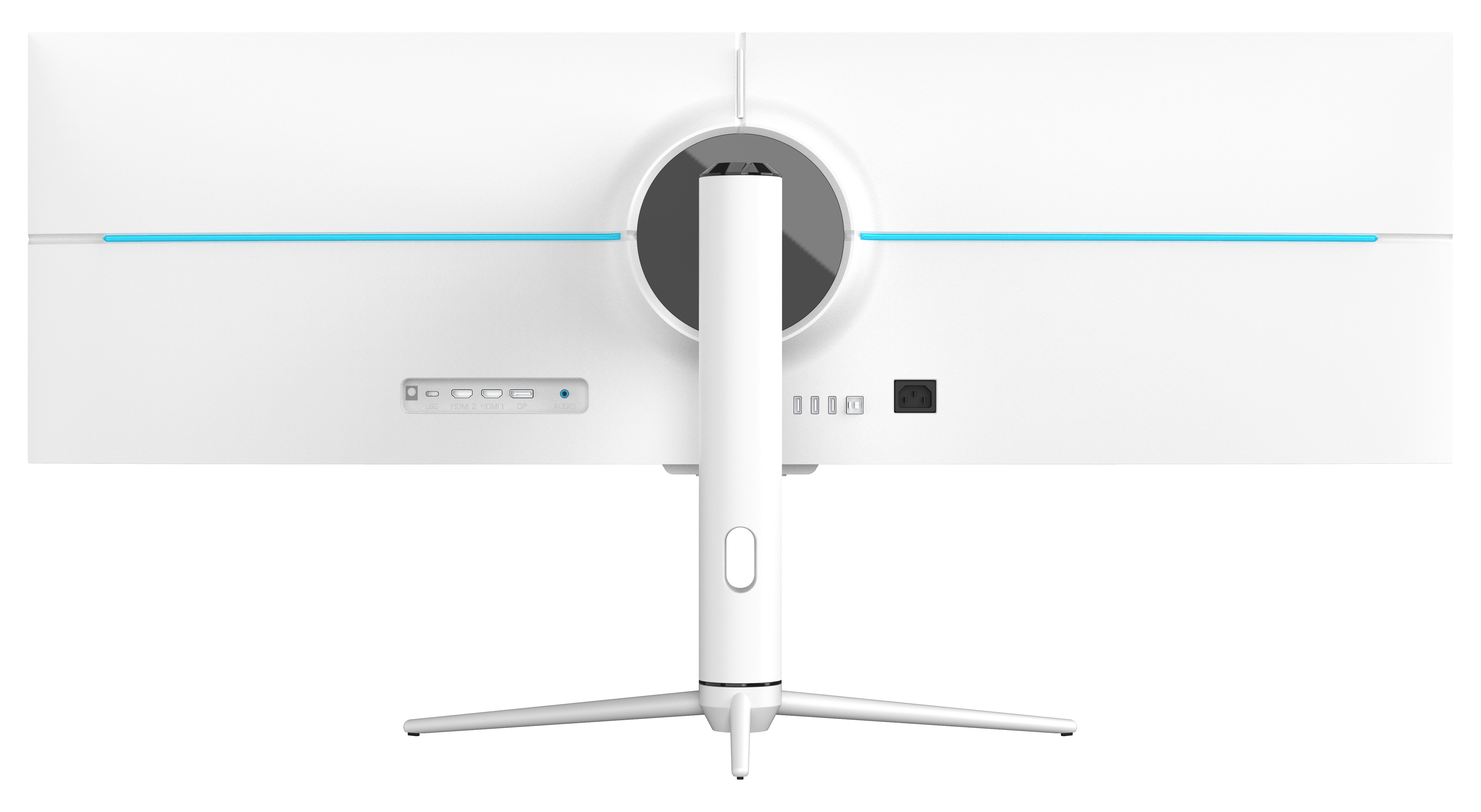 Tył białego monitora komputerowego z portami i podstawką. Widoczne niebieskie światła i port zasilania.