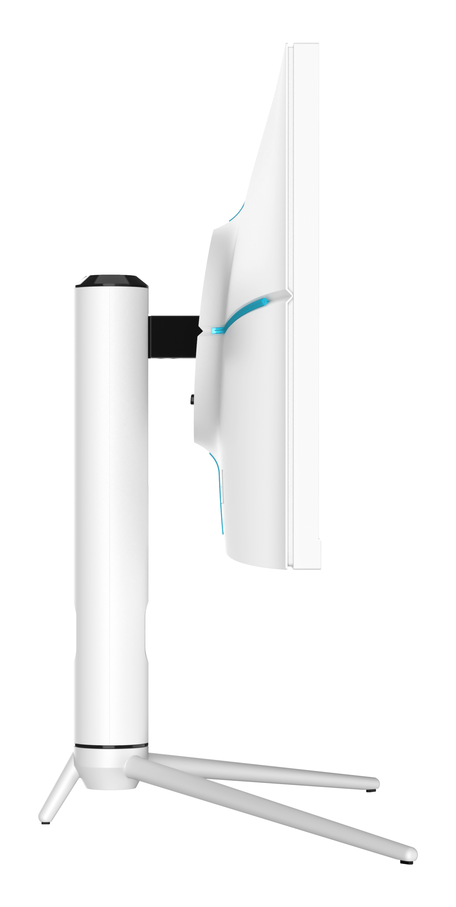 Widok z boku białego monitora z czarnym stojakiem. Niebieskie akcenty z boku.