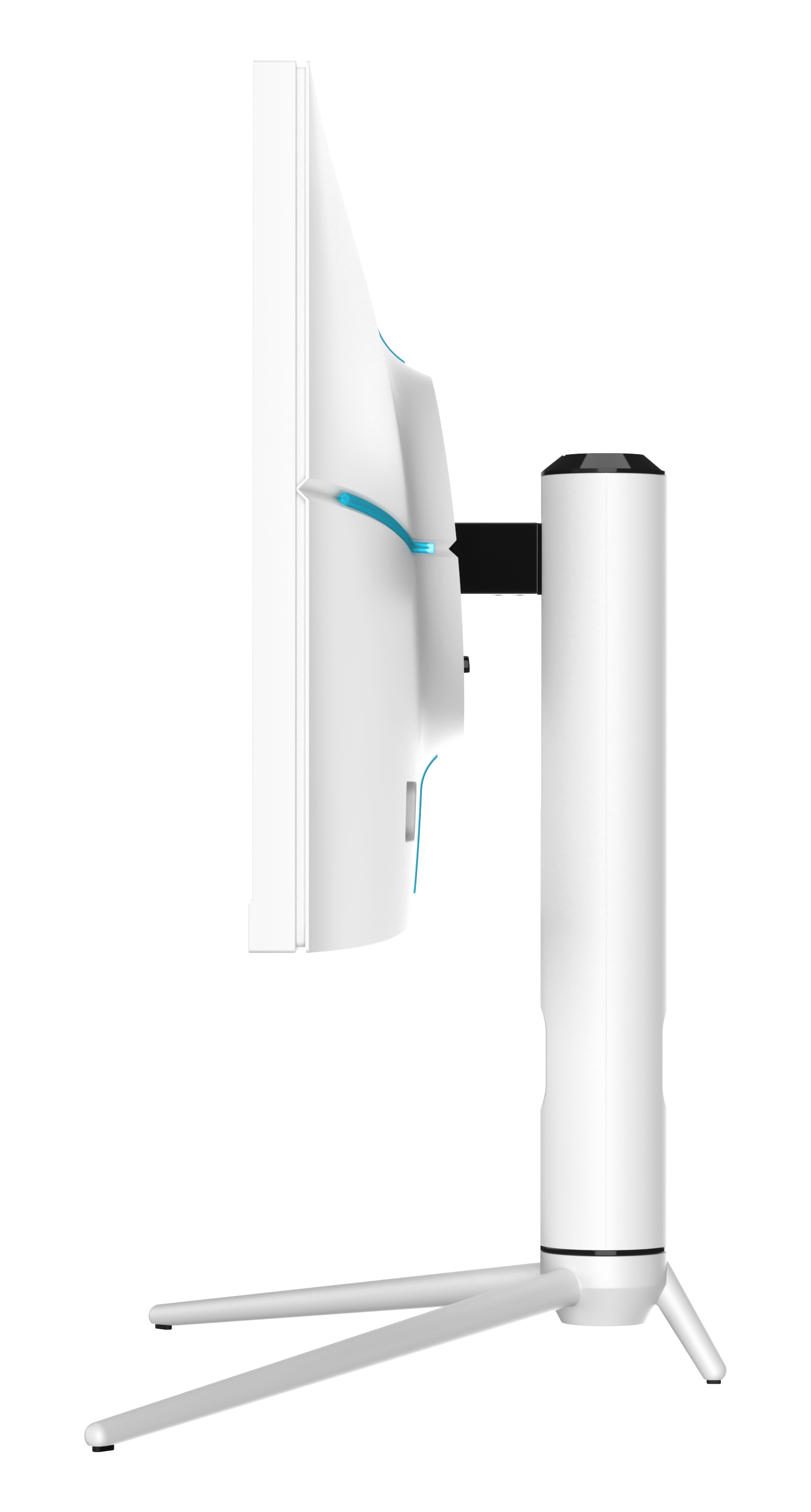 Biały monitor komputerowy, widok z boku, z białą podstawą. Ekran ma niebieski akcent.