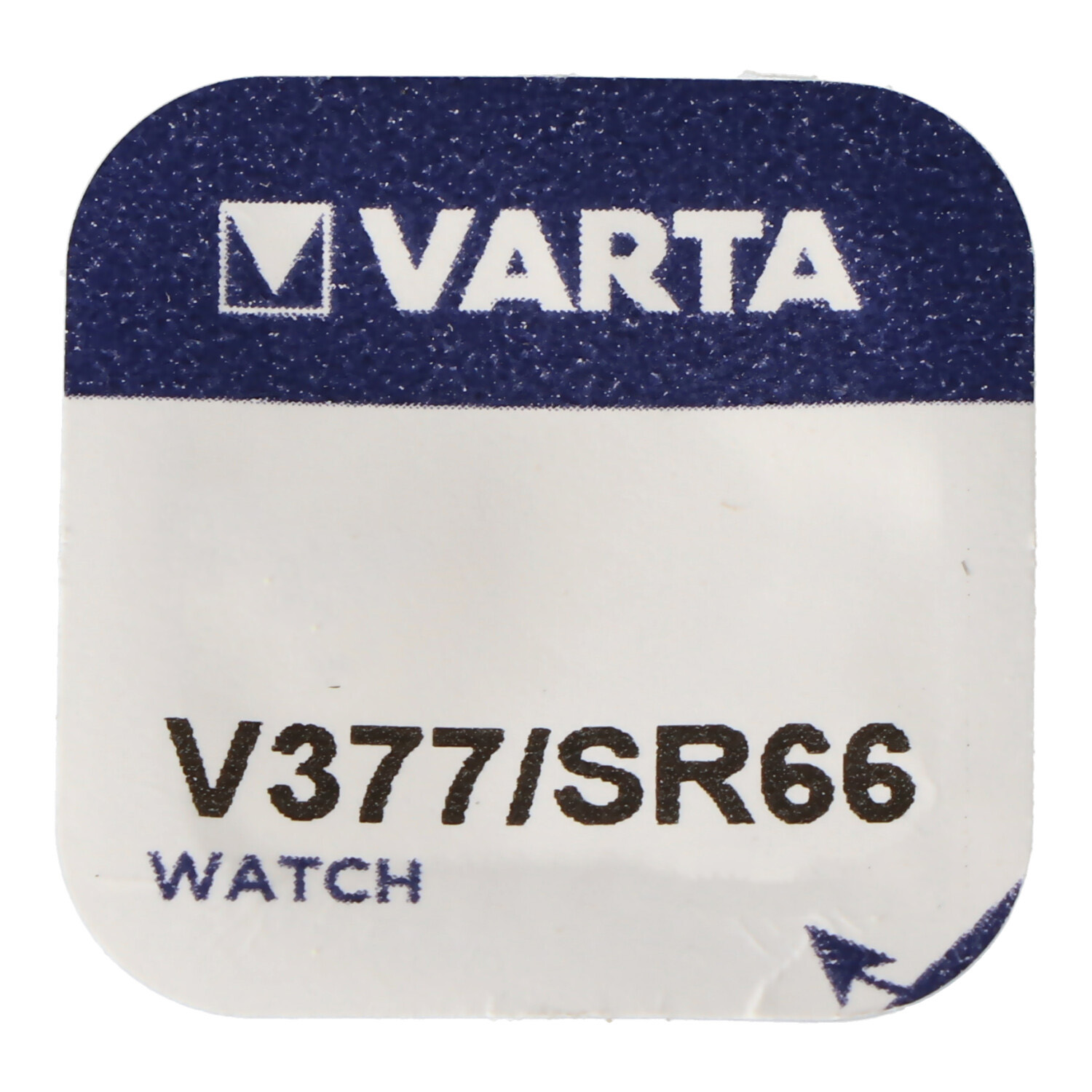 Etiqueta de pila de reloj Varta, azul y blanca, con texto.