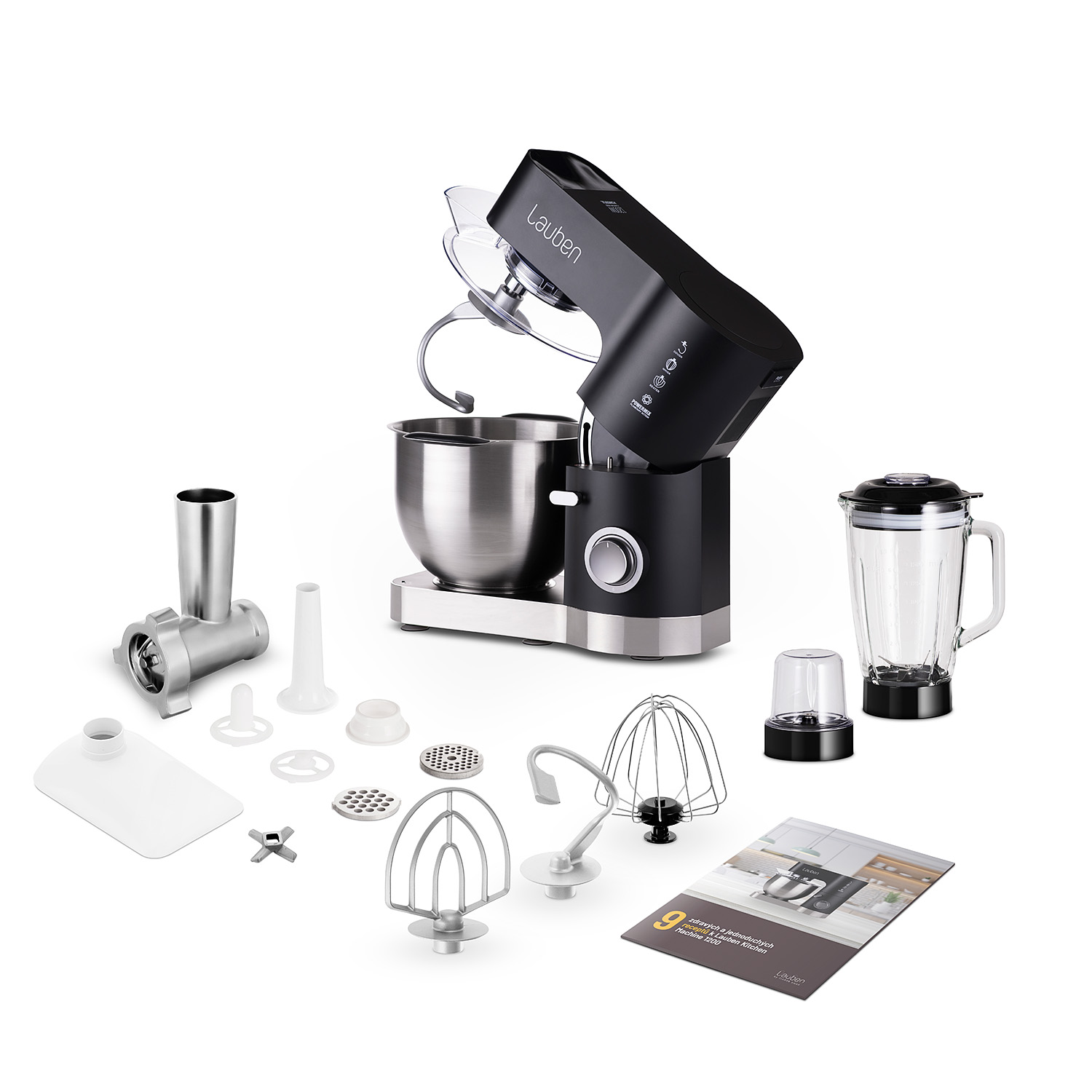 Ein schwarzer und silberner Küchen-Standmixer mit verschiedenen Aufsätzen und einem Mixer.
