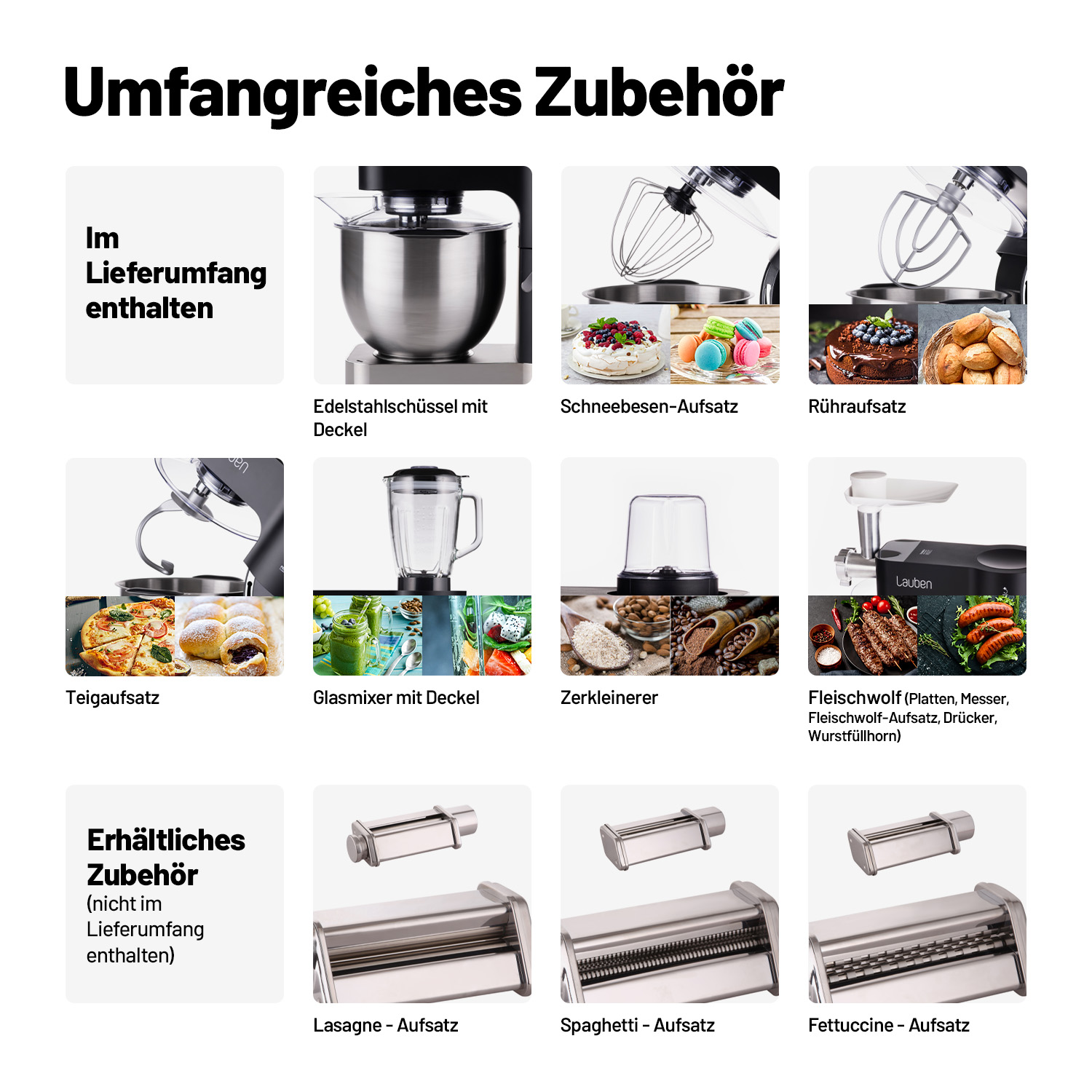 Diverse immagini di accessori per mixer da cucina. Gli accessori includono una frusta, un gancio per impastare e vari altri.