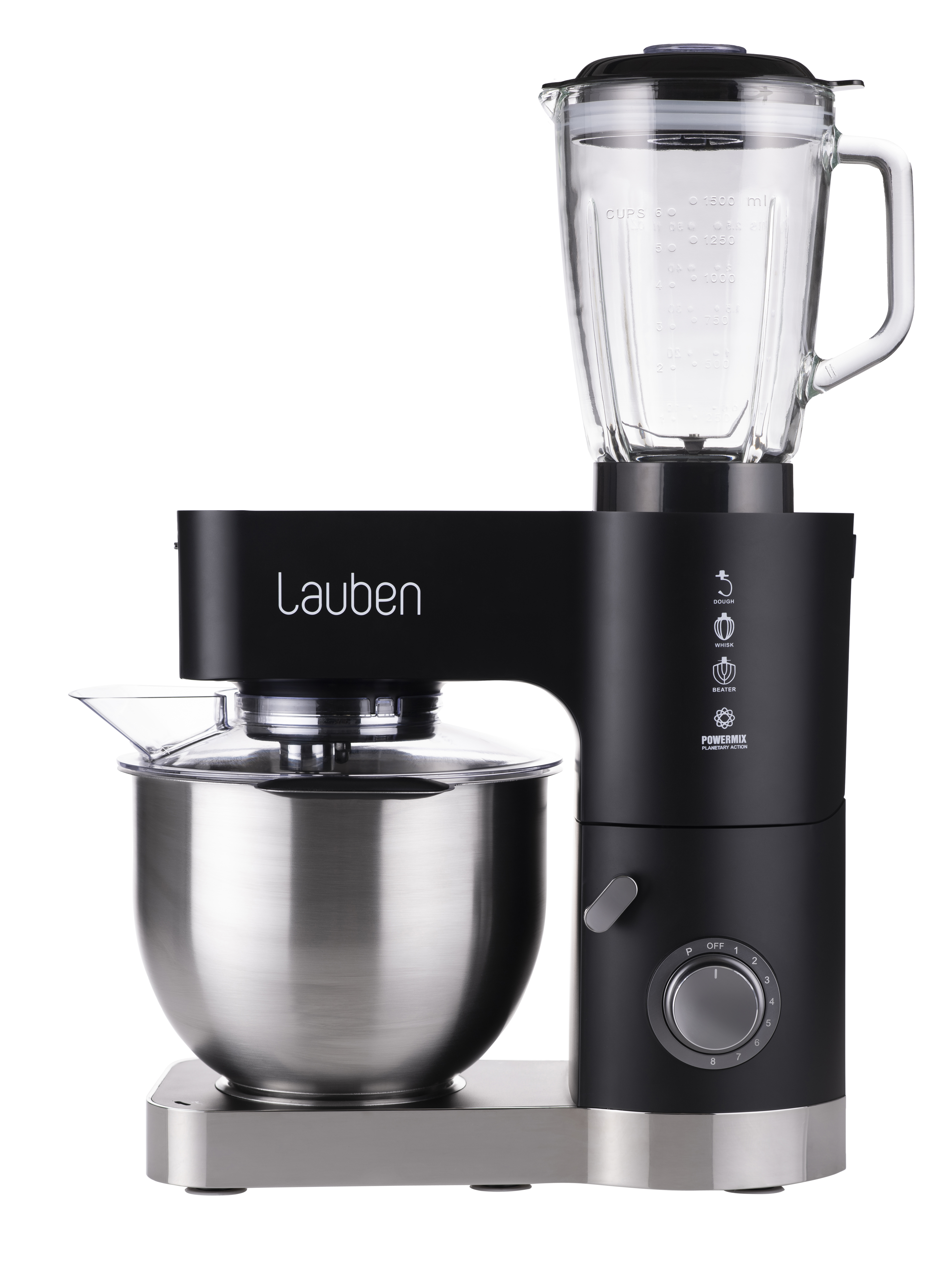 Schwarzer und silberner Küchenmixer. Hat einen Mixer und eine Rührschüssel. Weißer Hintergrund.