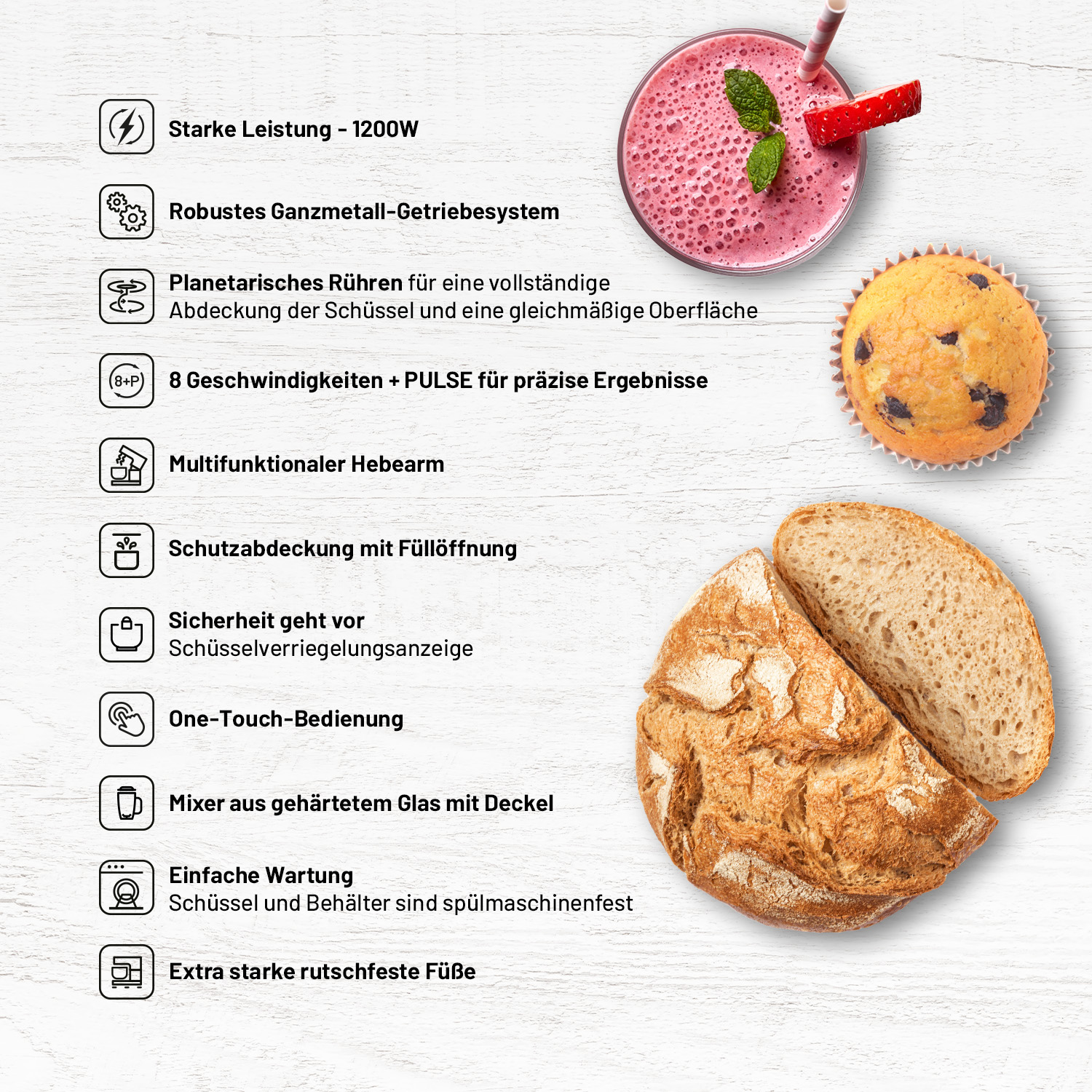 Elettrodomestico da cucina con testo e icone, insieme a un frullato, un muffin e fette di pane.