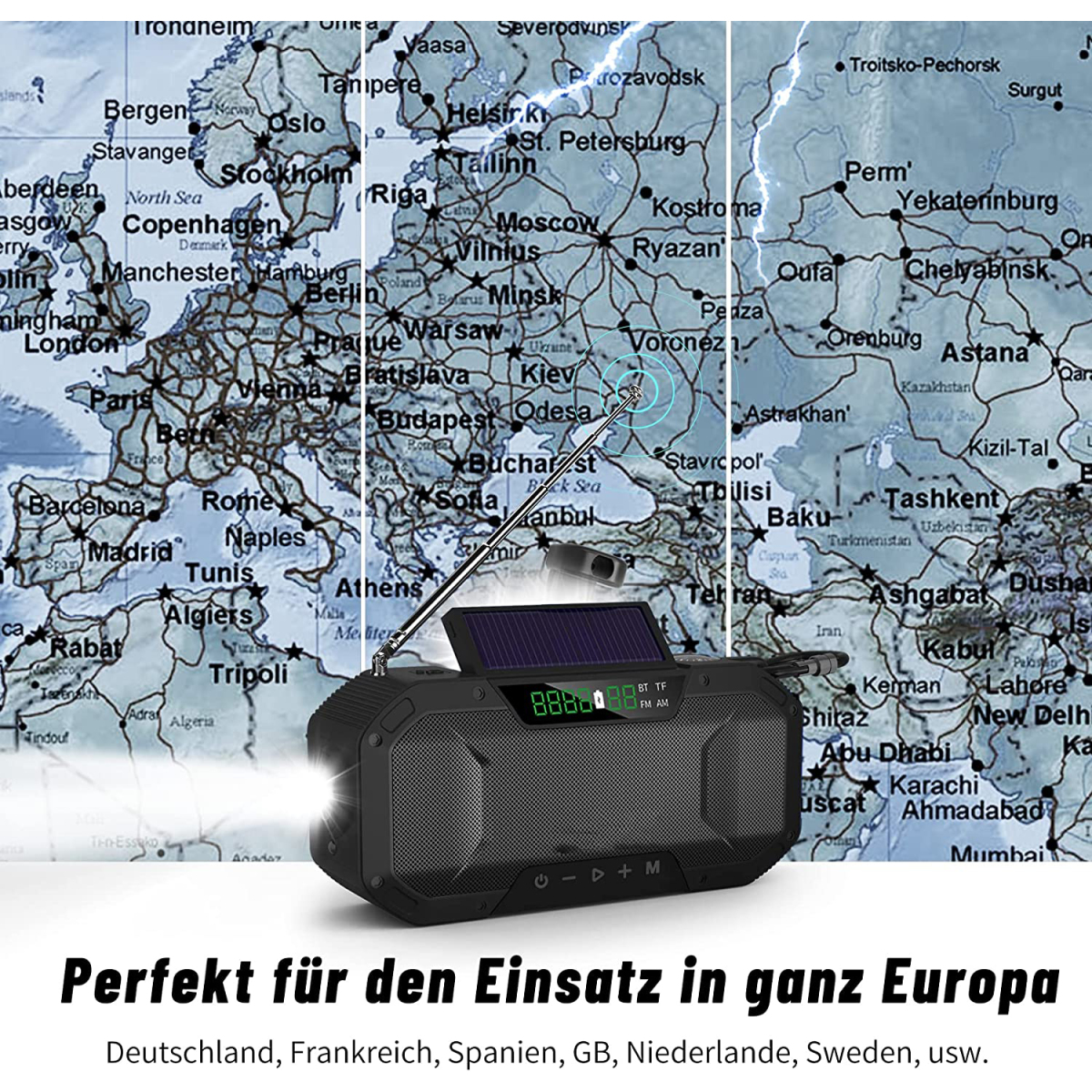 Schwarzes Radio auf einer Weltkarte, mit Text 'Perfekt für den Einsatz in ganz Europa'.